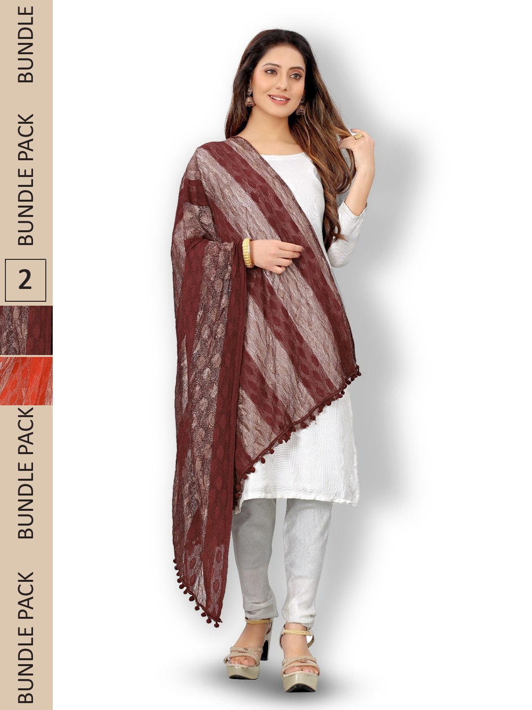 

APNISHA Pack Of 2 Woven Design Dupattas, Orange