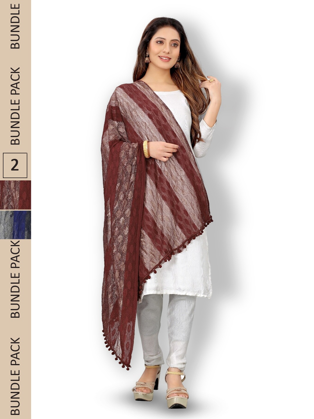 

APNISHA Pack Of 2 Striped Tasselled Boarder Dupatta, Brown