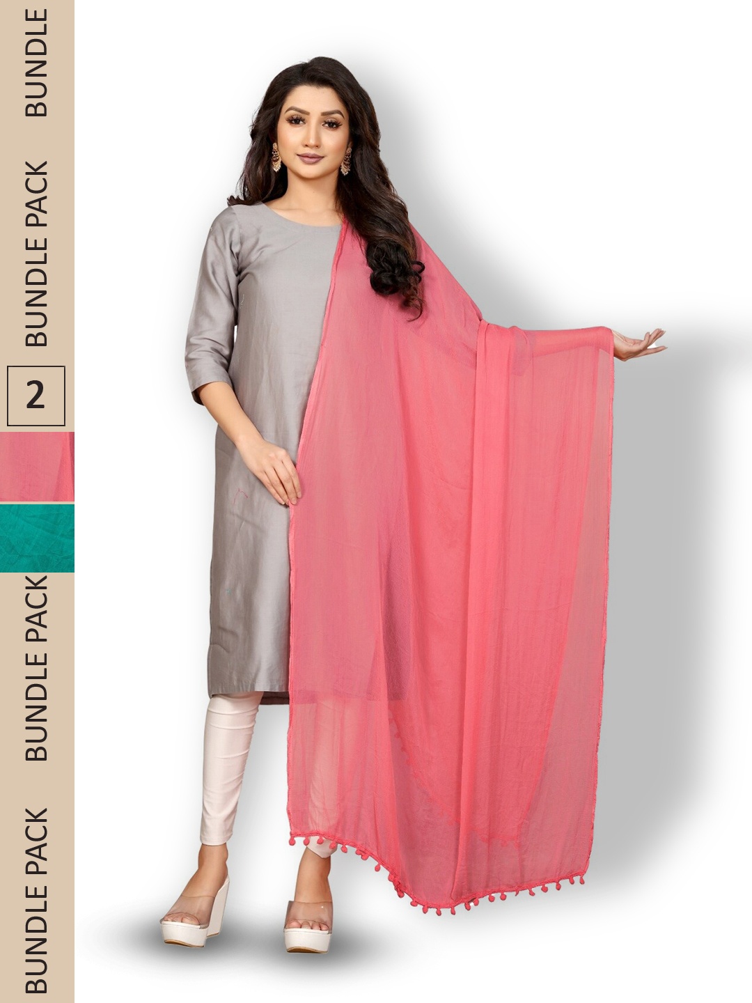 

APNISHA Pack Of 2 Tasselled Boarder Dupatta, Pink