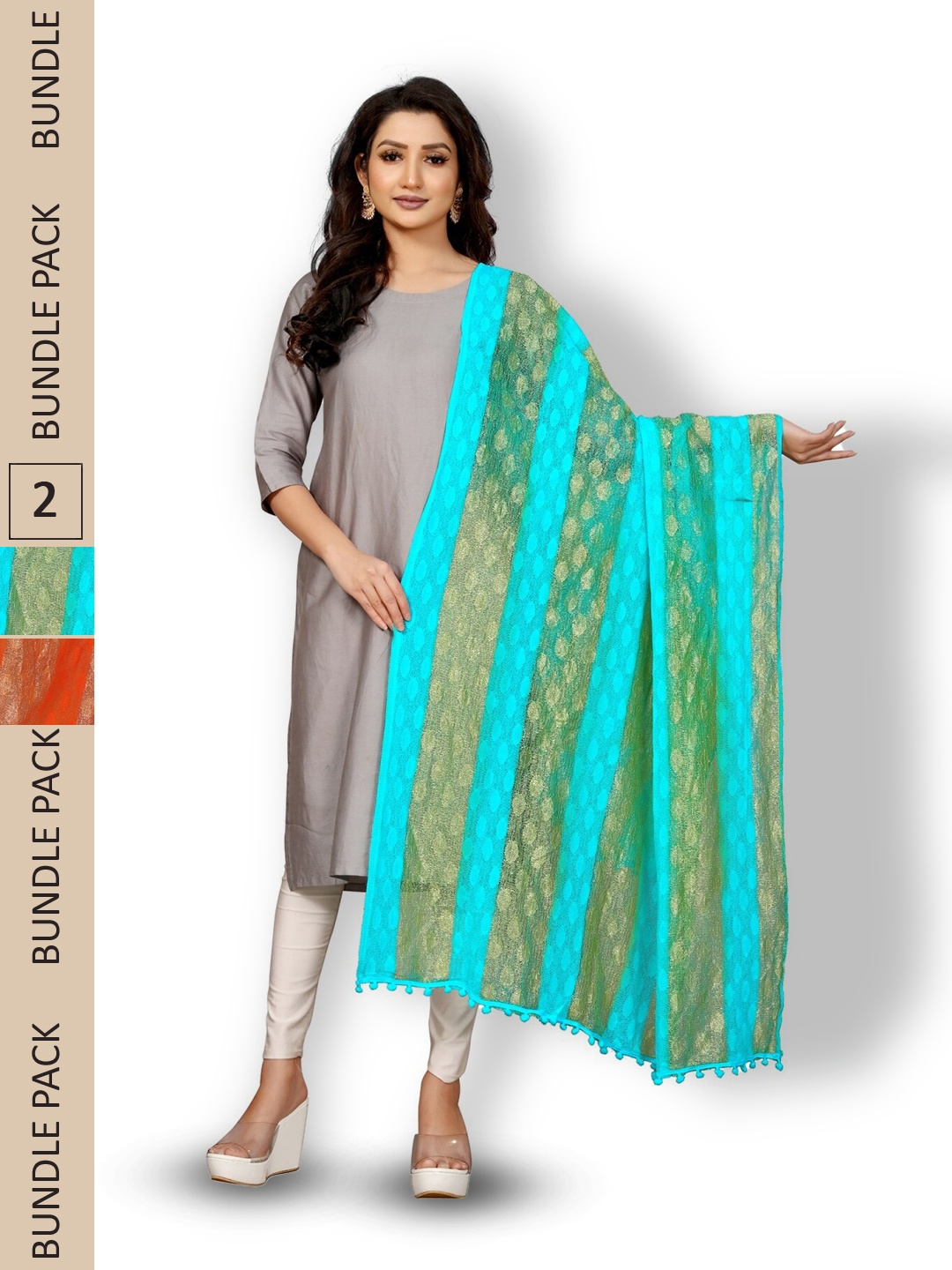 

APNISHA Pack Of 2 Woven Design Zari Net Dupatta, Turquoise blue