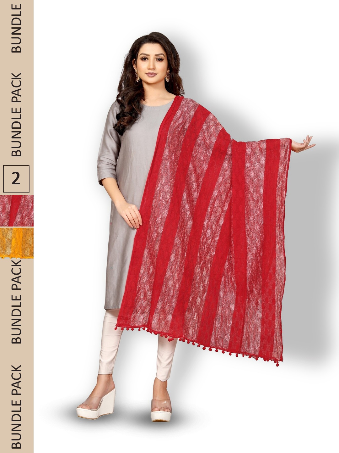 

APNISHA Pack Of 2 Striped Net Dupatta With Pom Pom, Red