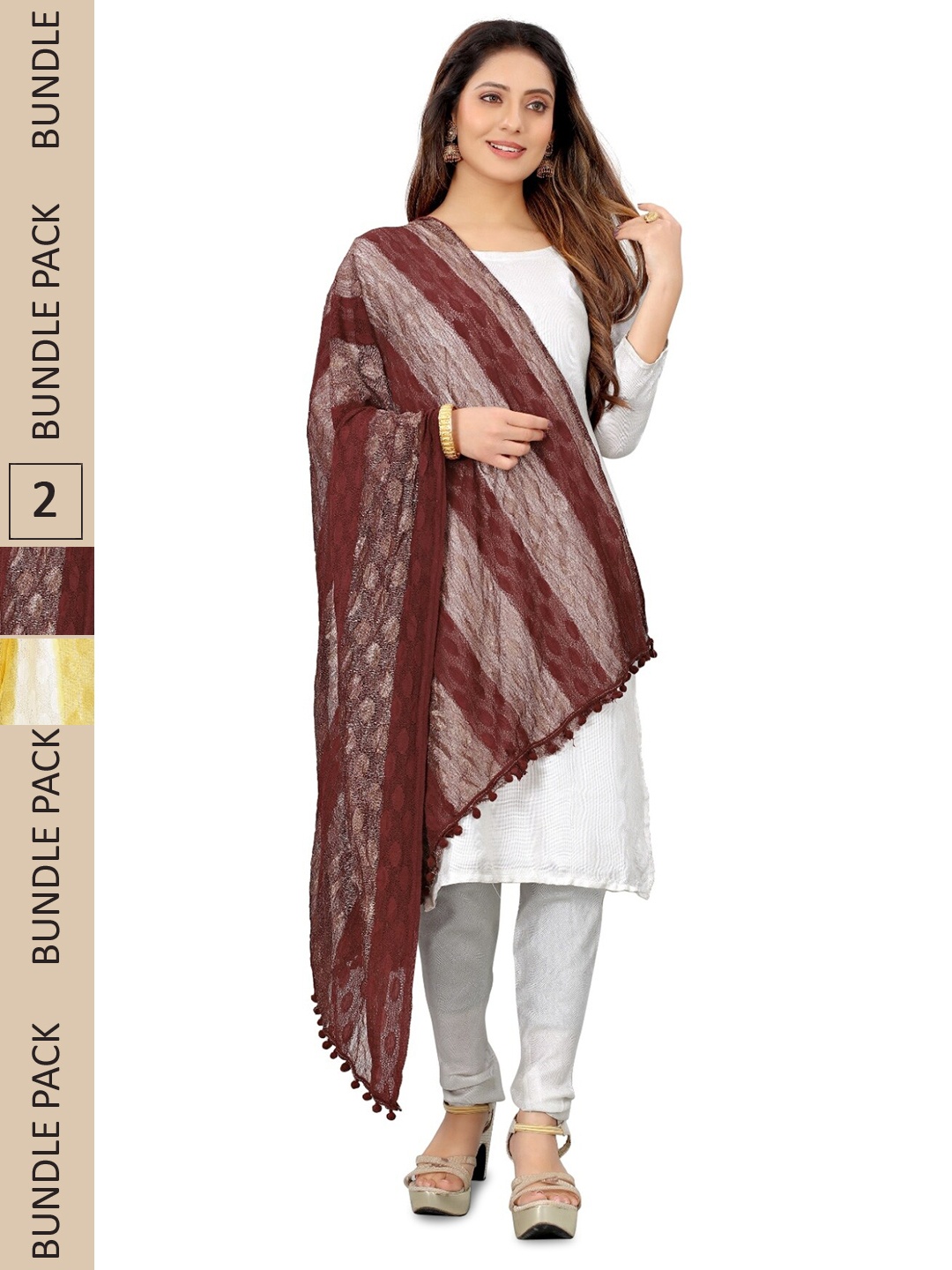 

APNISHA Pack Of 2 Striped Tasselled Boarder Dupatta, White