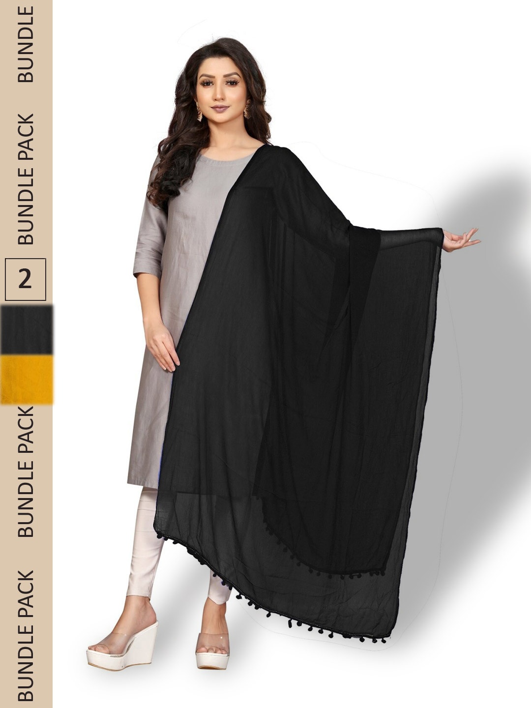 

APNISHA Pack Of 2 Tasselled Boarder Dupatta, Black
