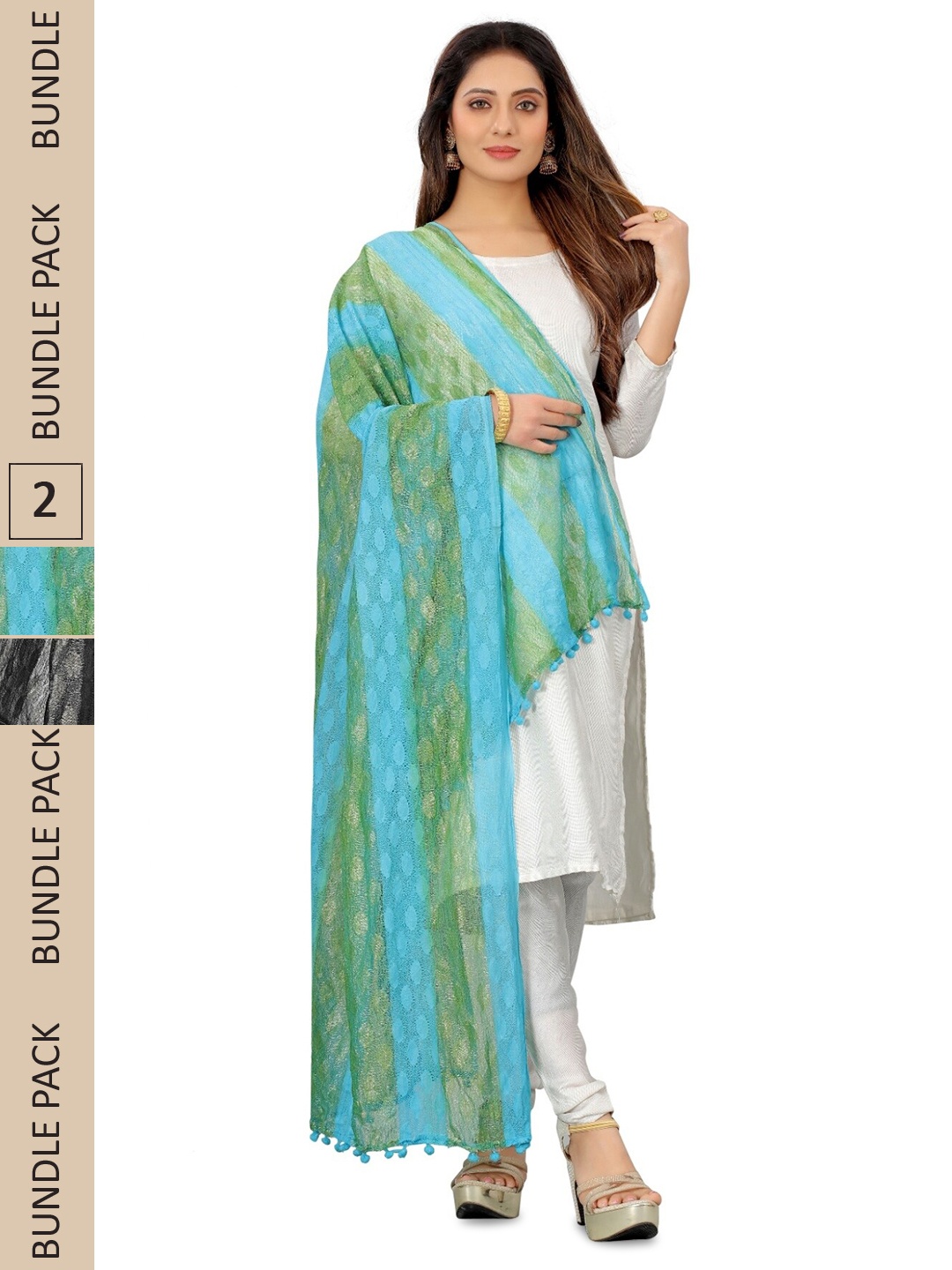 

APNISHA Pack Of 2 Woven Design Zari Net Dupatta, Turquoise blue