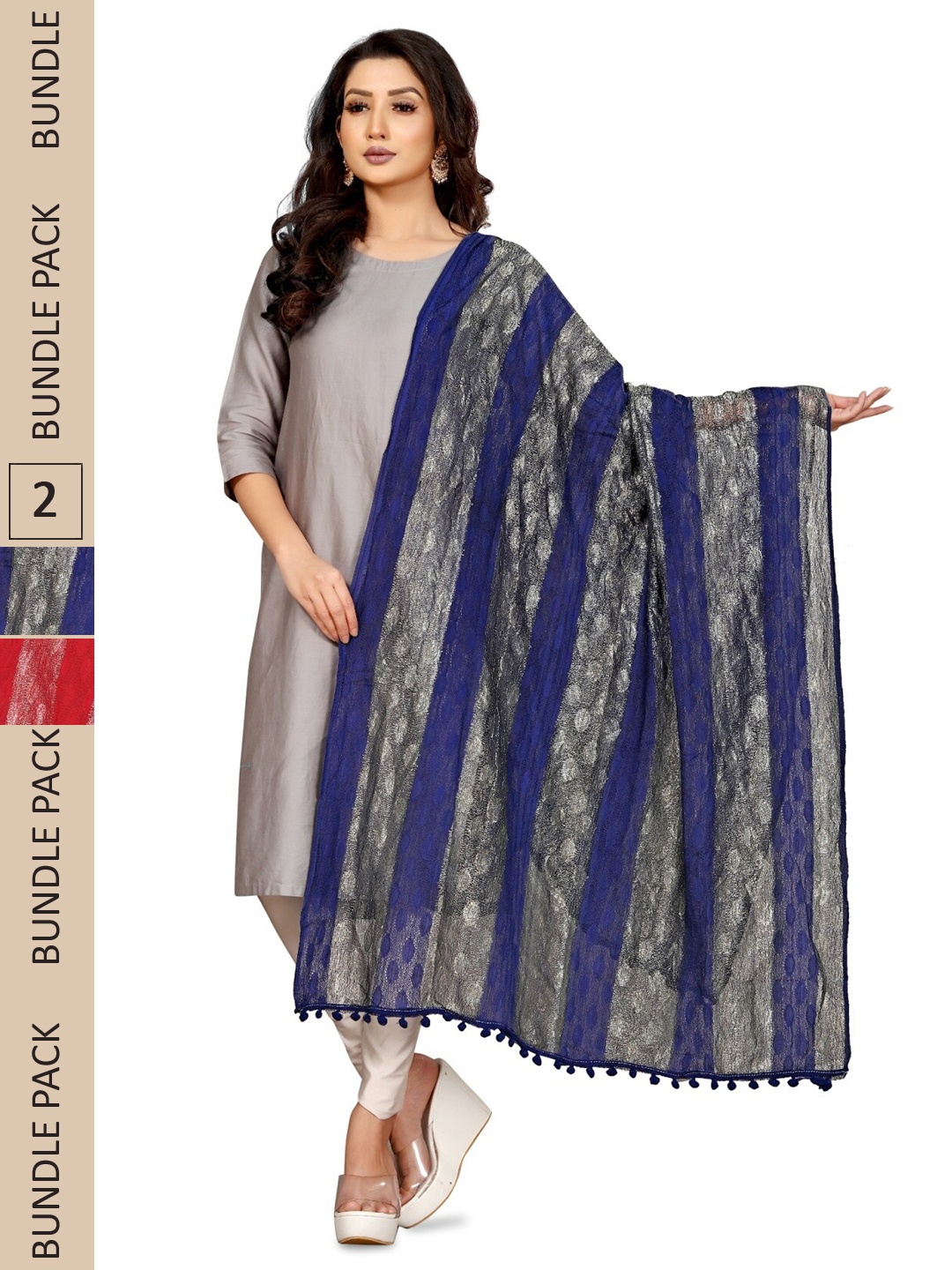 

APNISHA Pack Of 2 Striped Net Dupatta With Pom Pom, Red