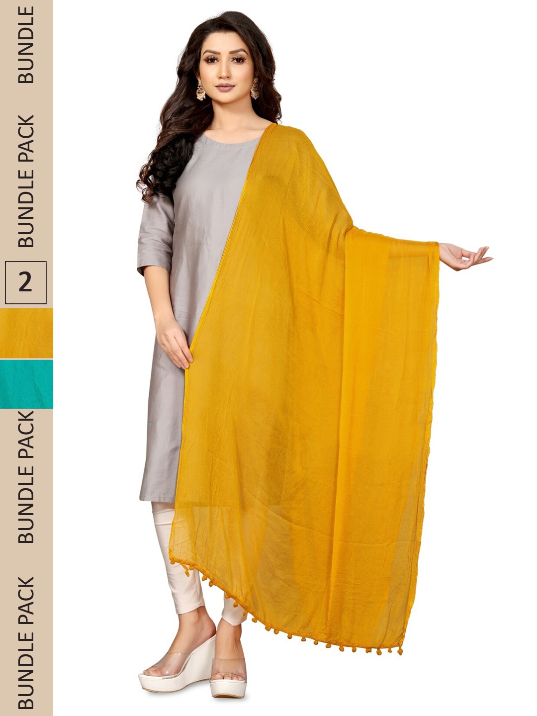 

APNISHA Pack Of 2 Solid Chiffon Dupatta With Pom Pom, Green