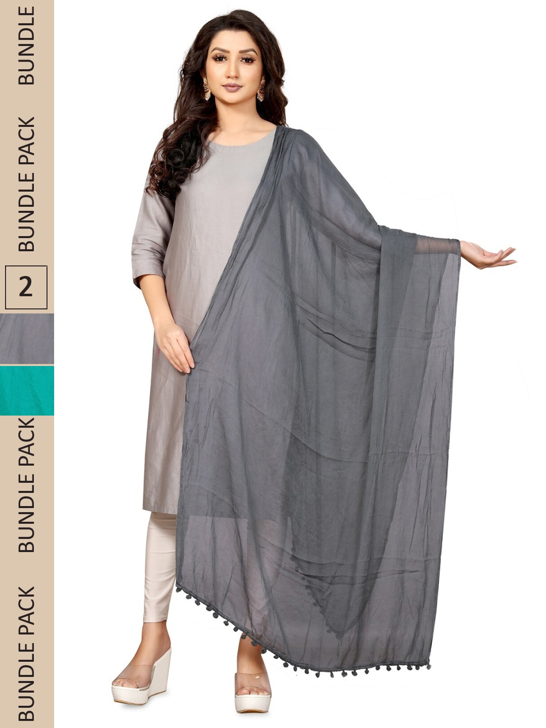 

APNISHA Pack Of 2 Chiffon Dupatta With Tasselled Border, Green