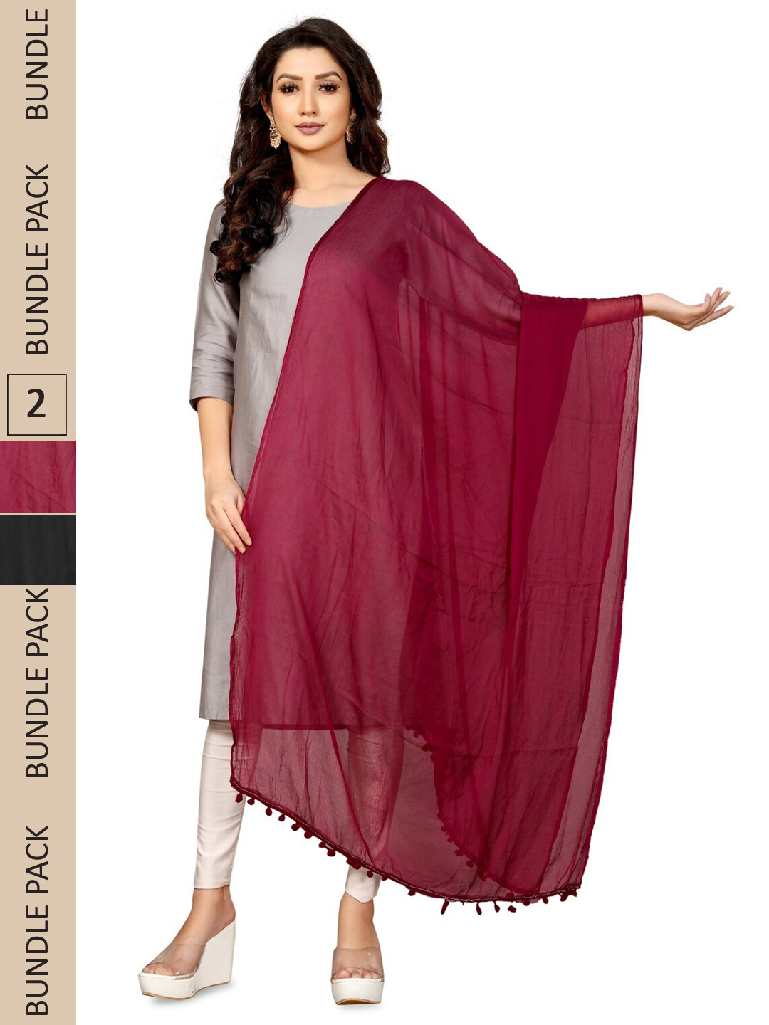 

APNISHA Pack Of 2 Solid Chiffon Dupatta, Black