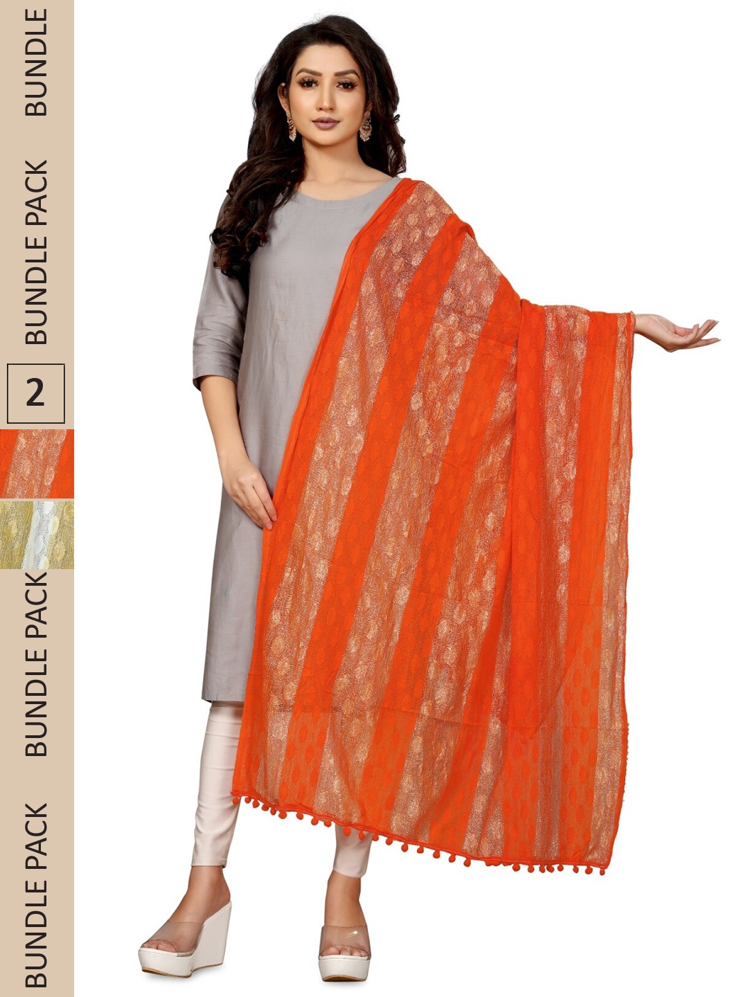 

APNISHA Pack Of 2 Zari Striped Dupatta, Orange