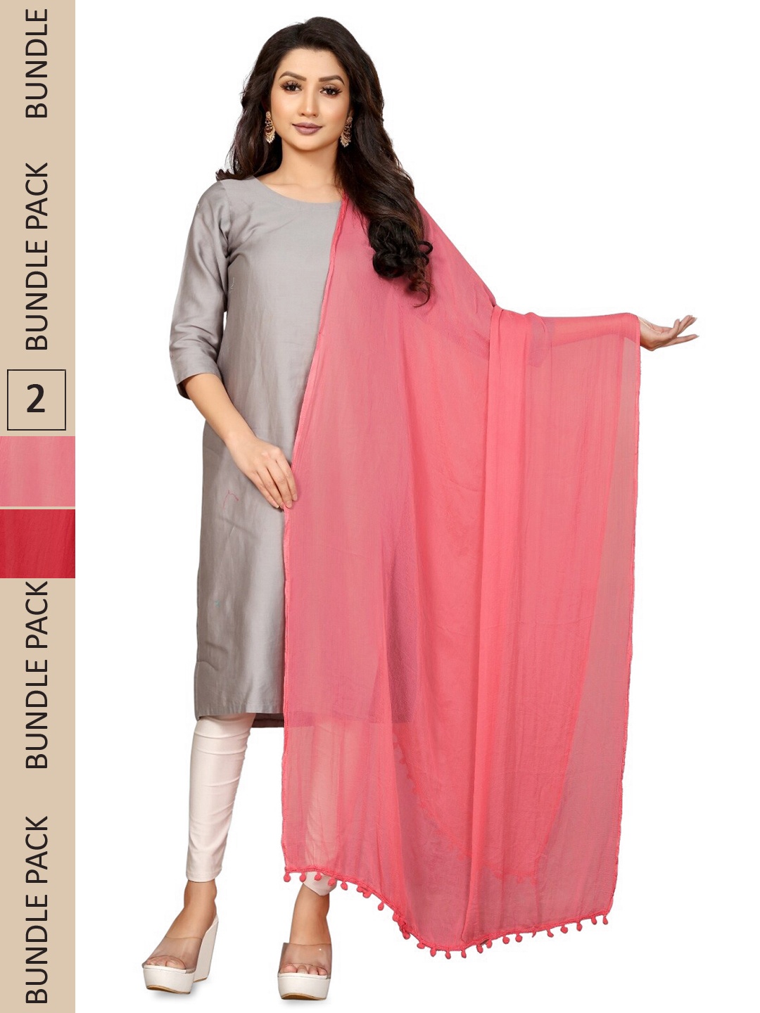 

APNISHA Pack Of 2 Chiffon Dupatta With Tasselled Border, Pink