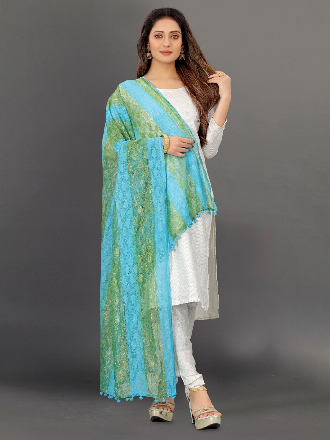 

APNISHA Striped Net Dupatta With Pom Pom, Turquoise blue