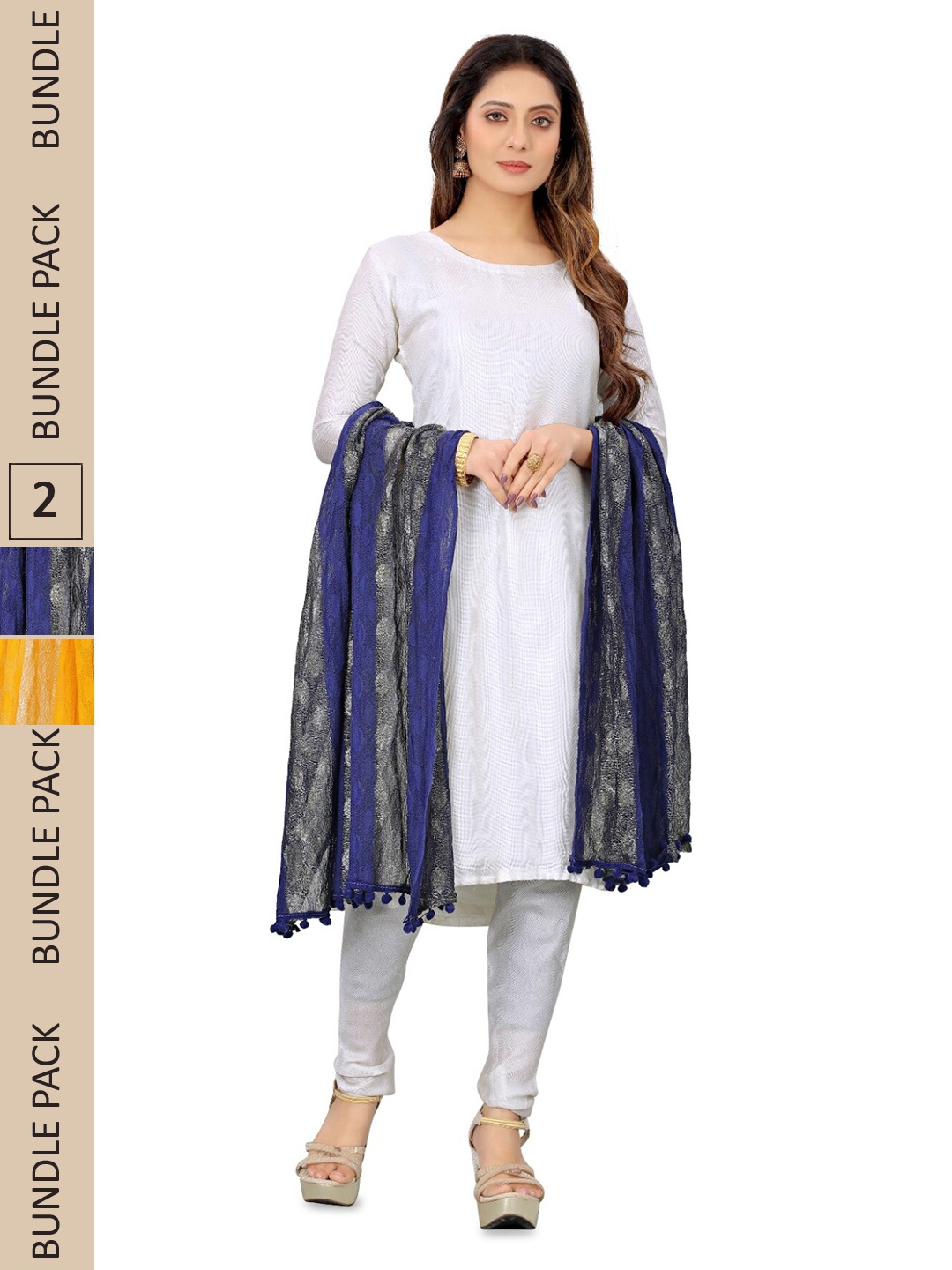 

APNISHA Pack Of 2 Striped Net Dupatta With Pom Pom, Blue