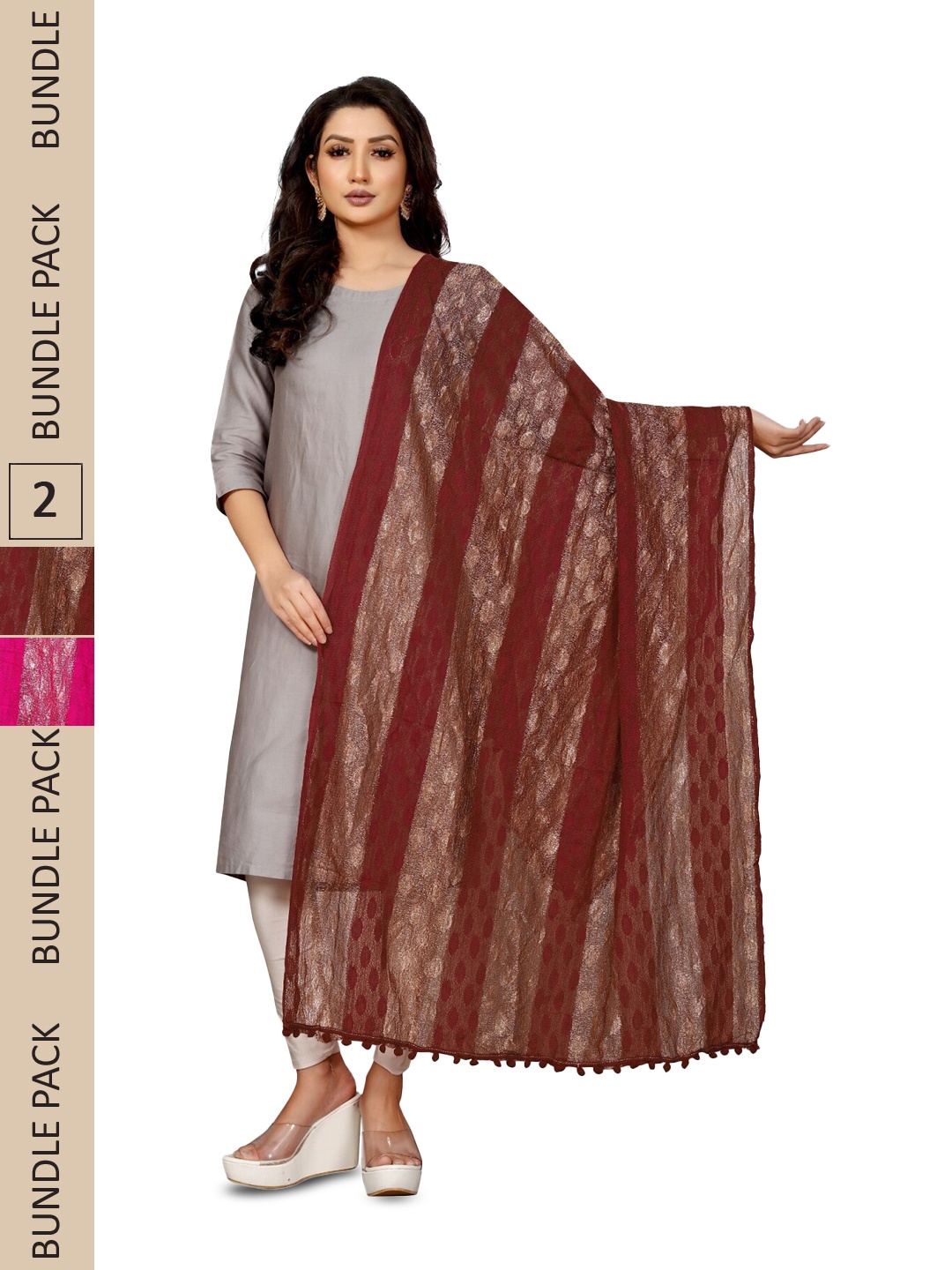 

APNISHA Pack Of 2 Striped Zari Dupatta, Maroon