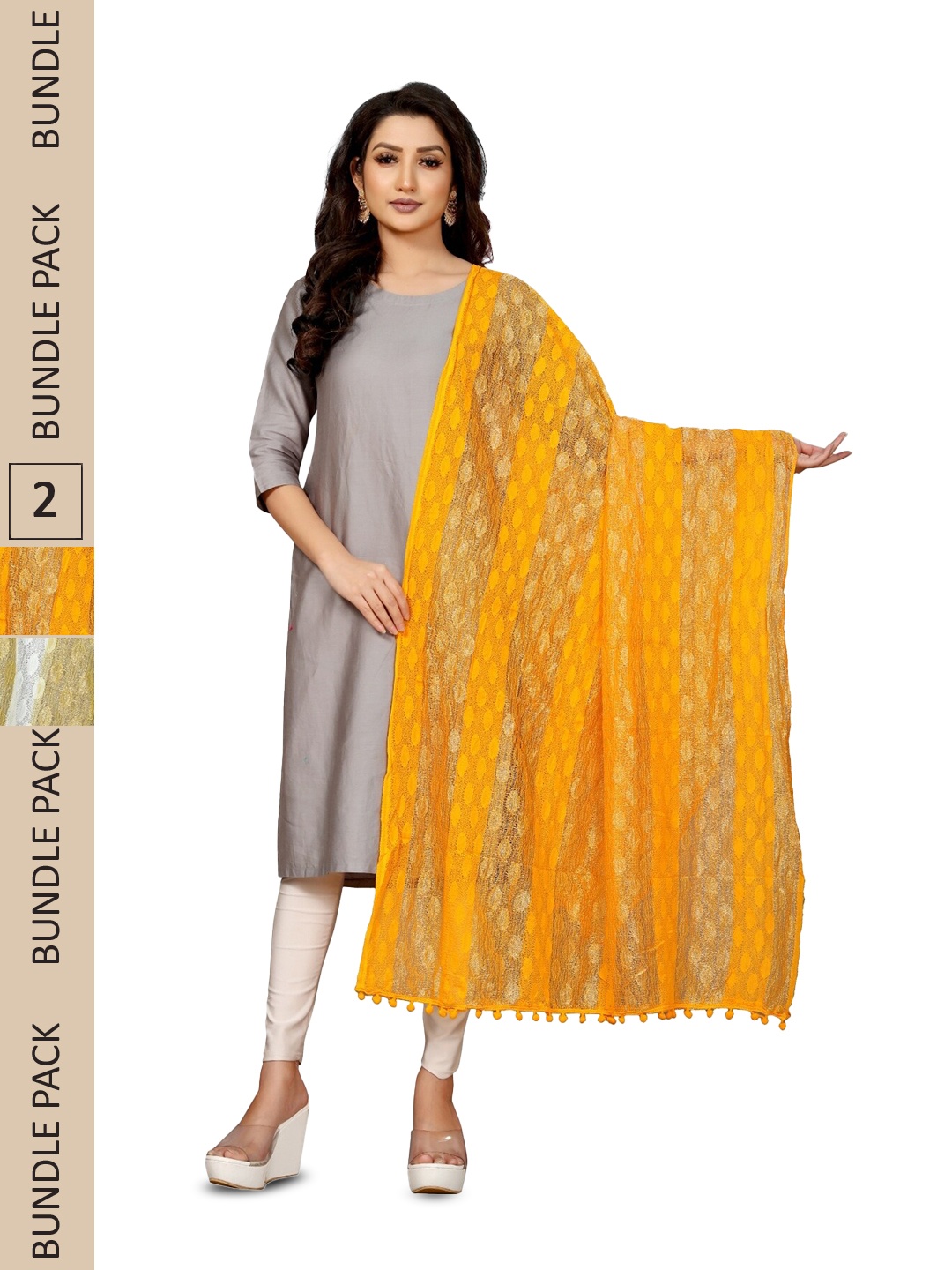 

APNISHA Pack Of 2 Striped Zari Dupatta, Yellow