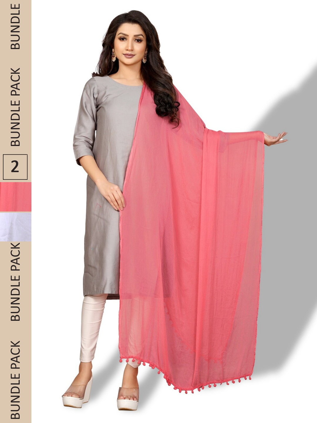 

APNISHA Pack Of 2 Solid Chiffon Dupatta, Pink