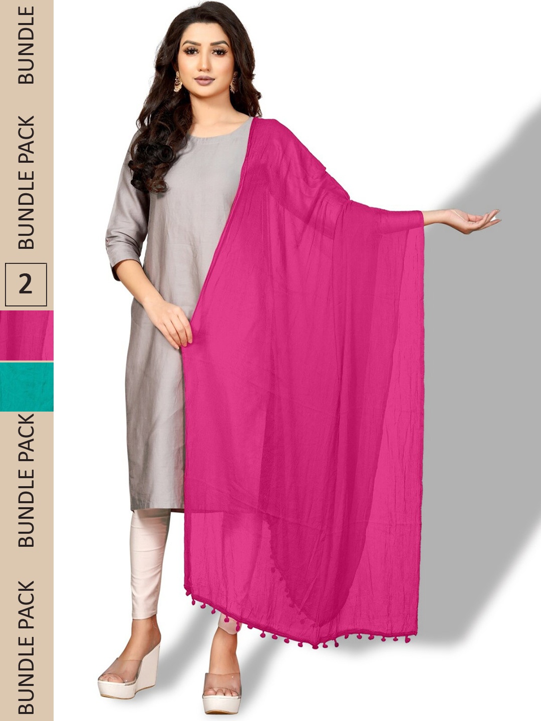 

APNISHA Pack Of 2 Tasselled Boarder Dupatta, Green