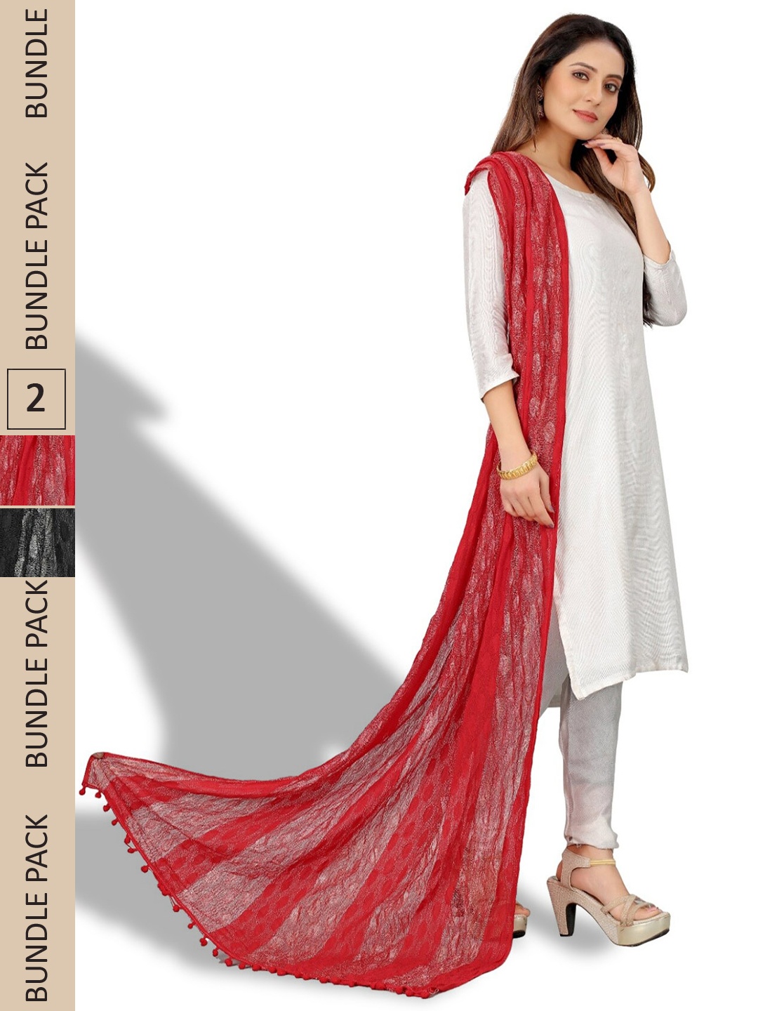 

APNISHA Pack Of 2 Striped Zari Net Dupatta, Red