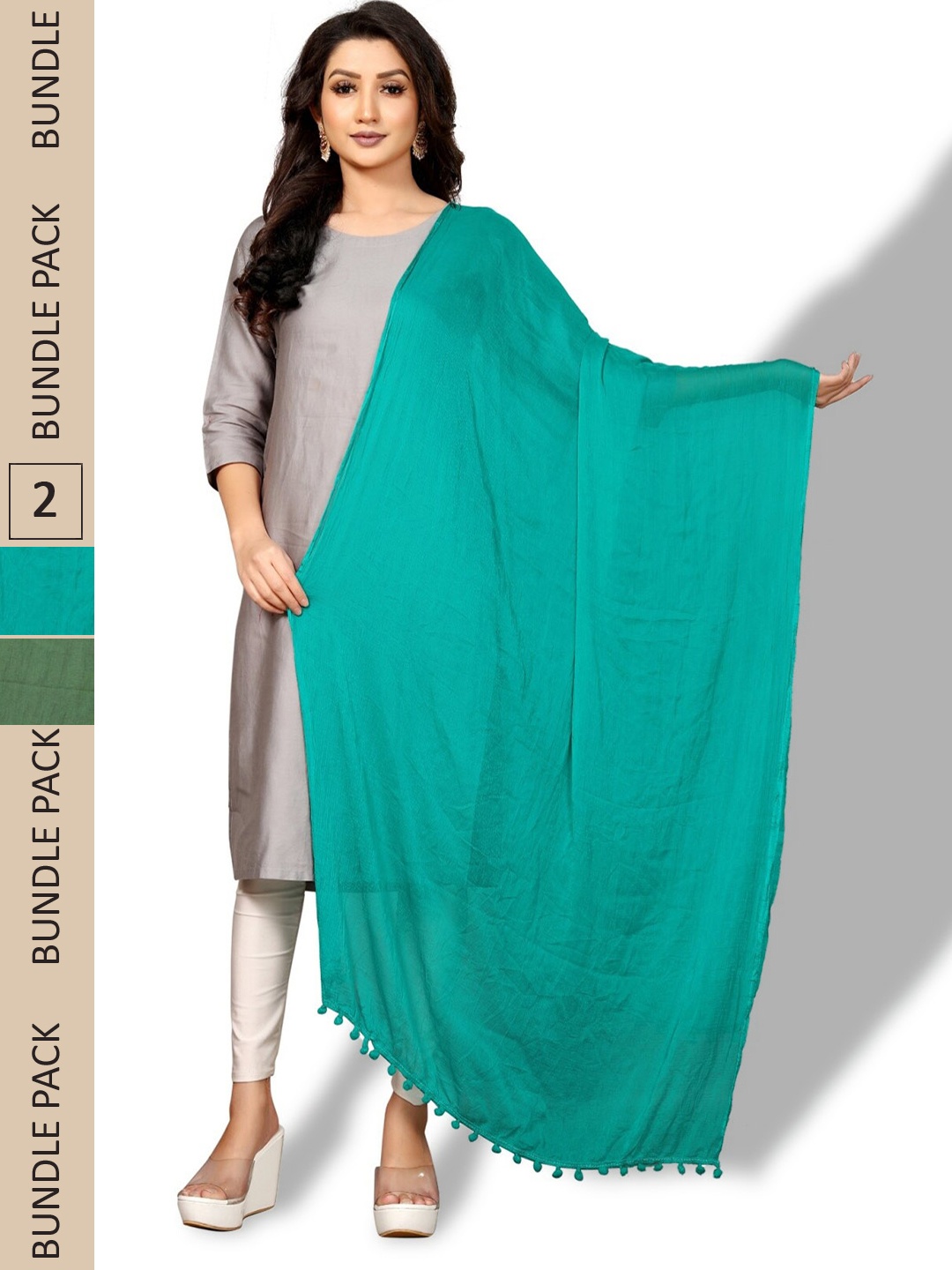 

APNISHA Pack Of 2 Tasselled Boarder Dupatta, Green