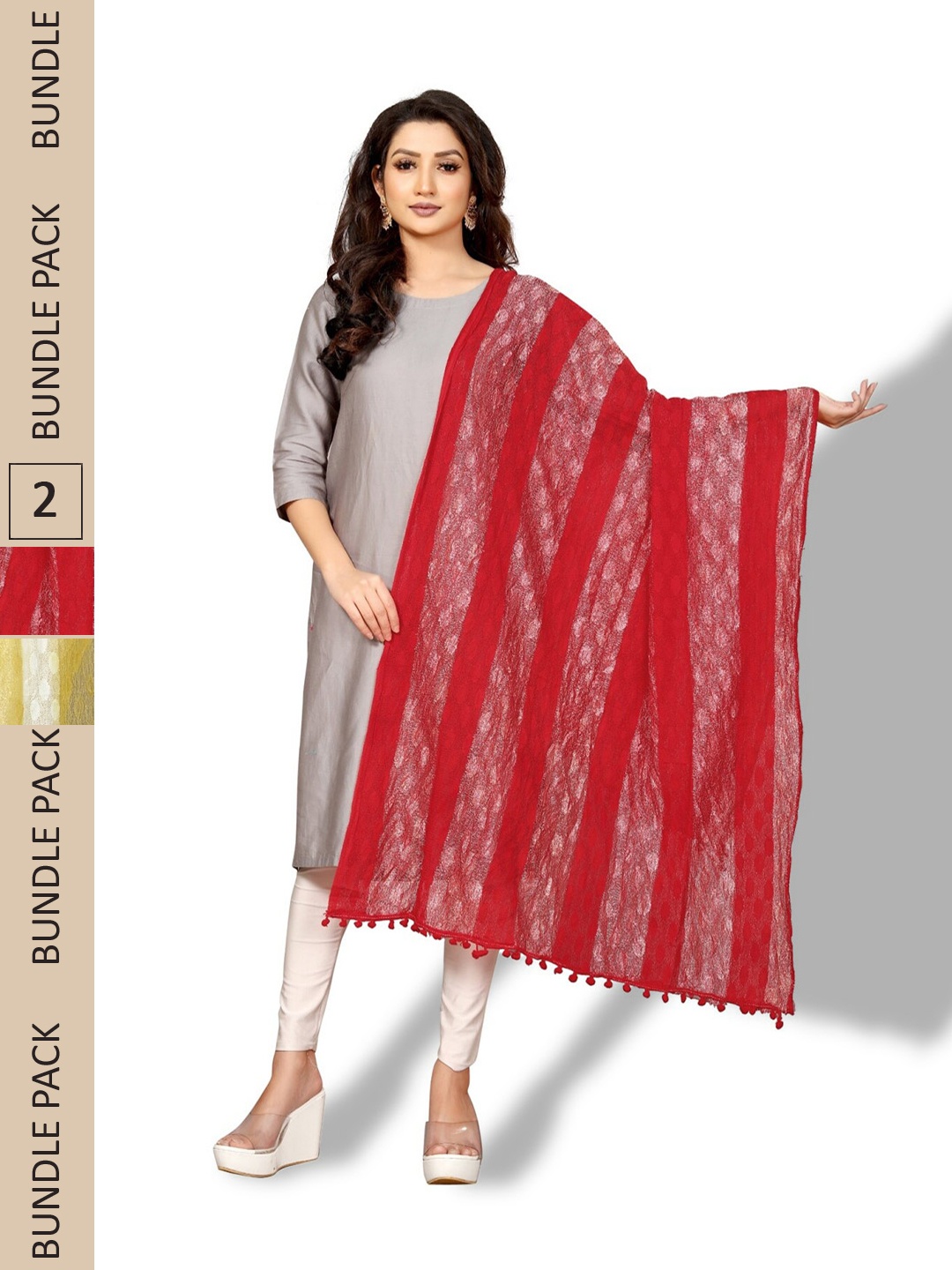 

APNISHA Pack Of 2 Zari Striped Dupatta, Red