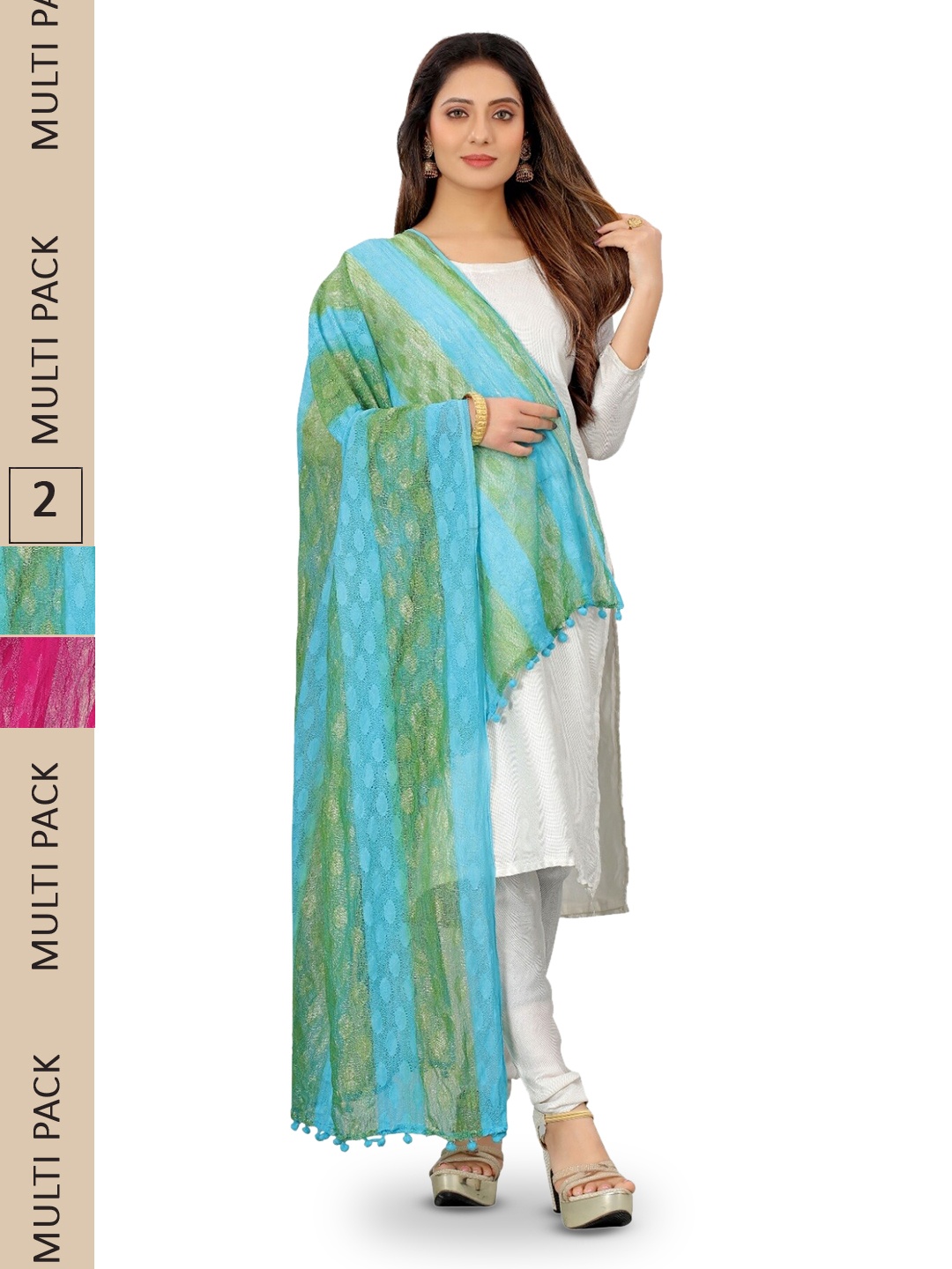 

APNISHA Pack Of 2 Striped Tasselled Boarder Dupatta, Pink