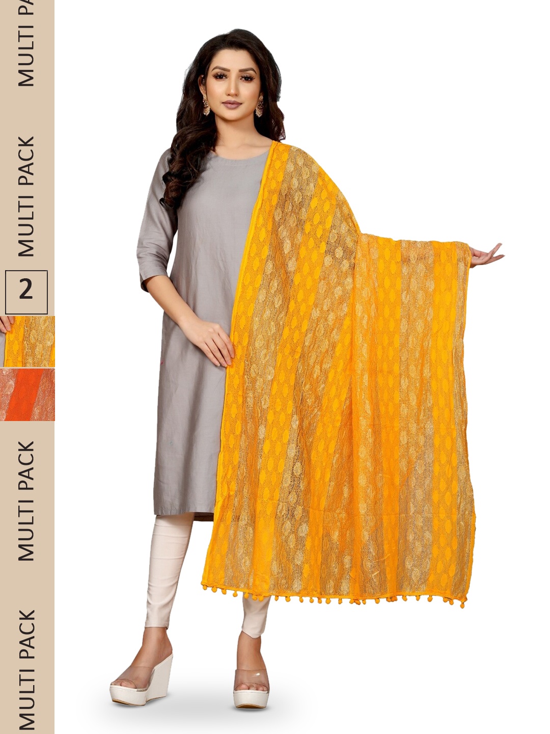 

APNISHA Pack Of 2 Striped Woven Design Tasselled Border Dupatta, Orange