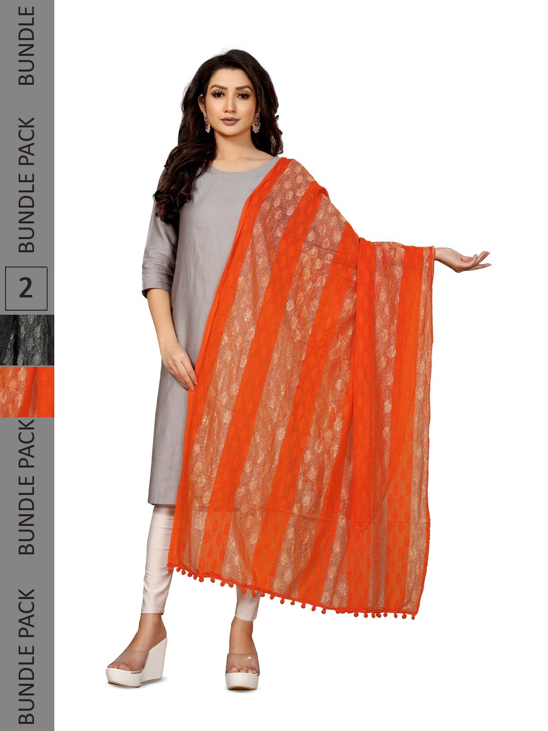 

APNISHA Pack Of 2 Zari Net Dupatta, Orange