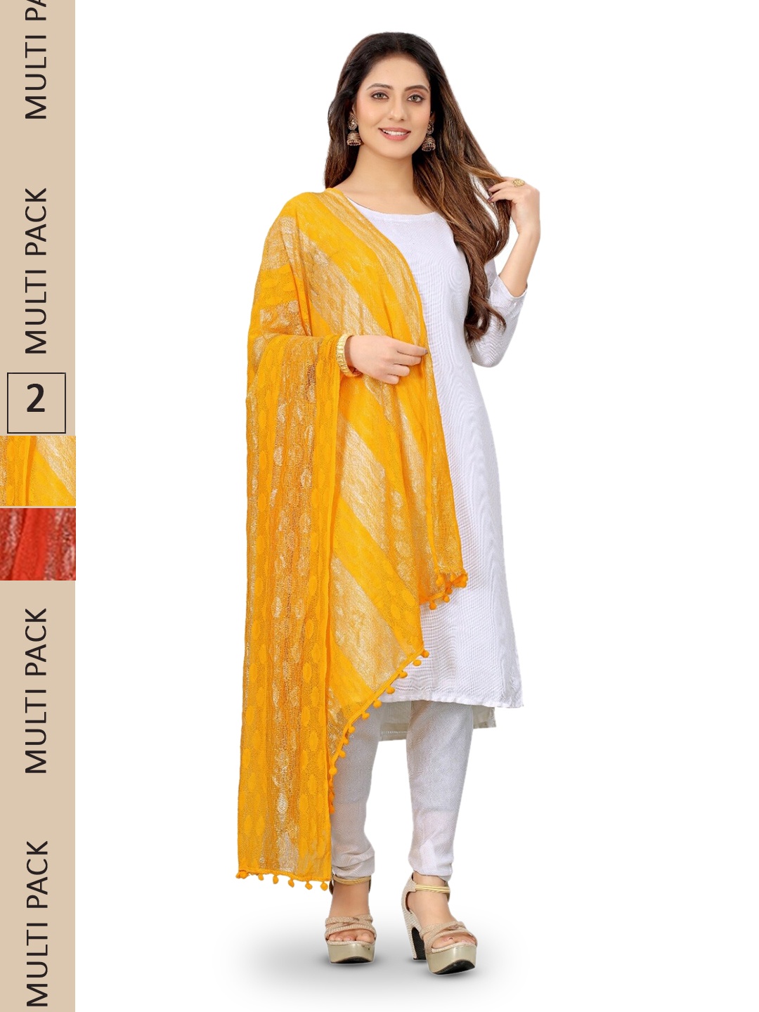 

APNISHA Pack Of 2 Striped Dupatta With Tasselled Border, Orange