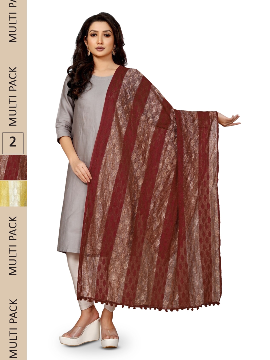 

APNISHA Pack Of 2 Zari Striped Dupatta, Maroon