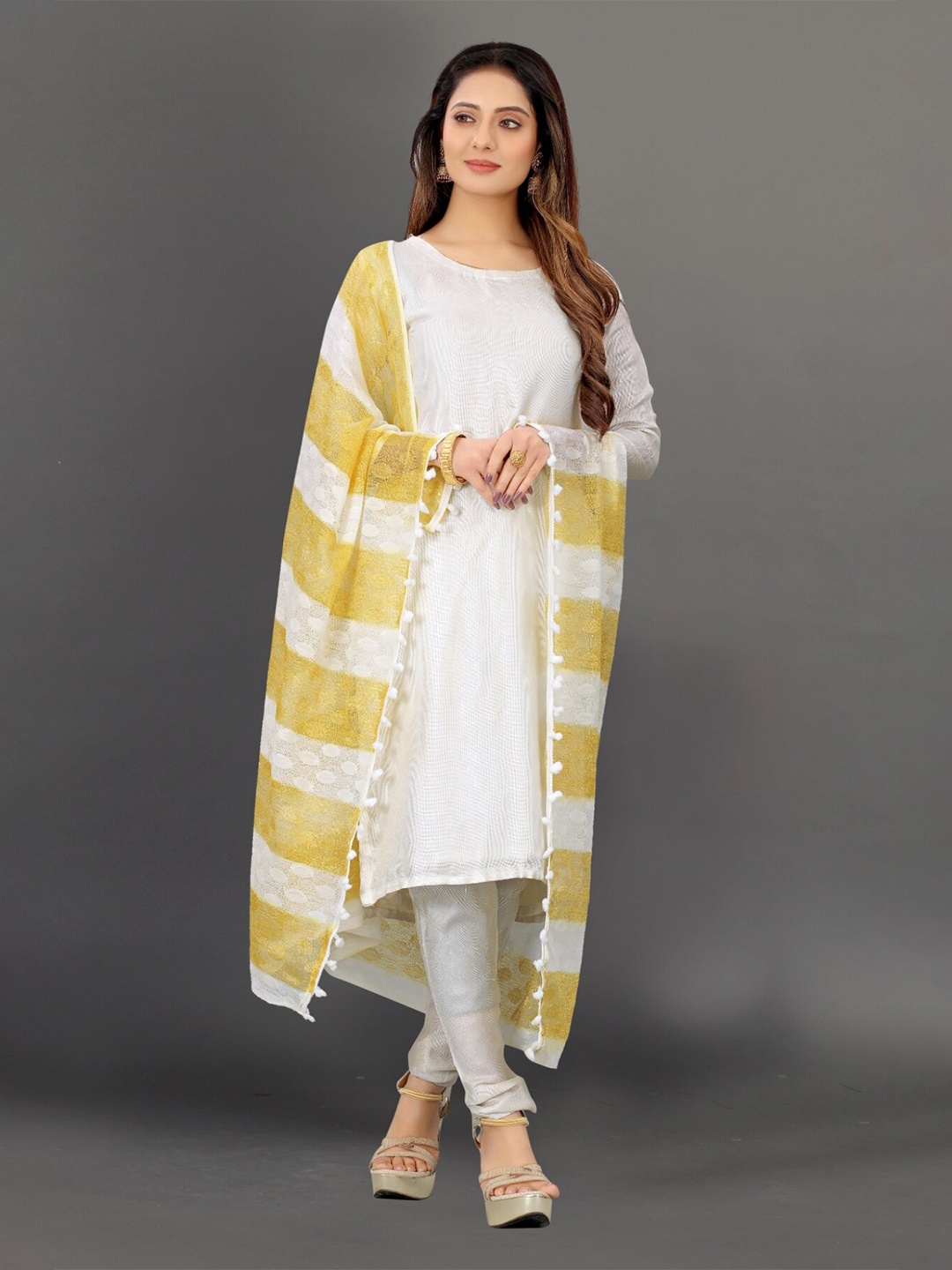 

APNISHA Striped Net Dupatta With Pom Pom, White