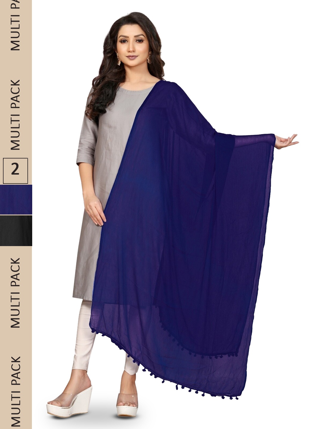 

APNISHA Pack Of 2 Chiffon Dupatta With Tasselled Border, Black