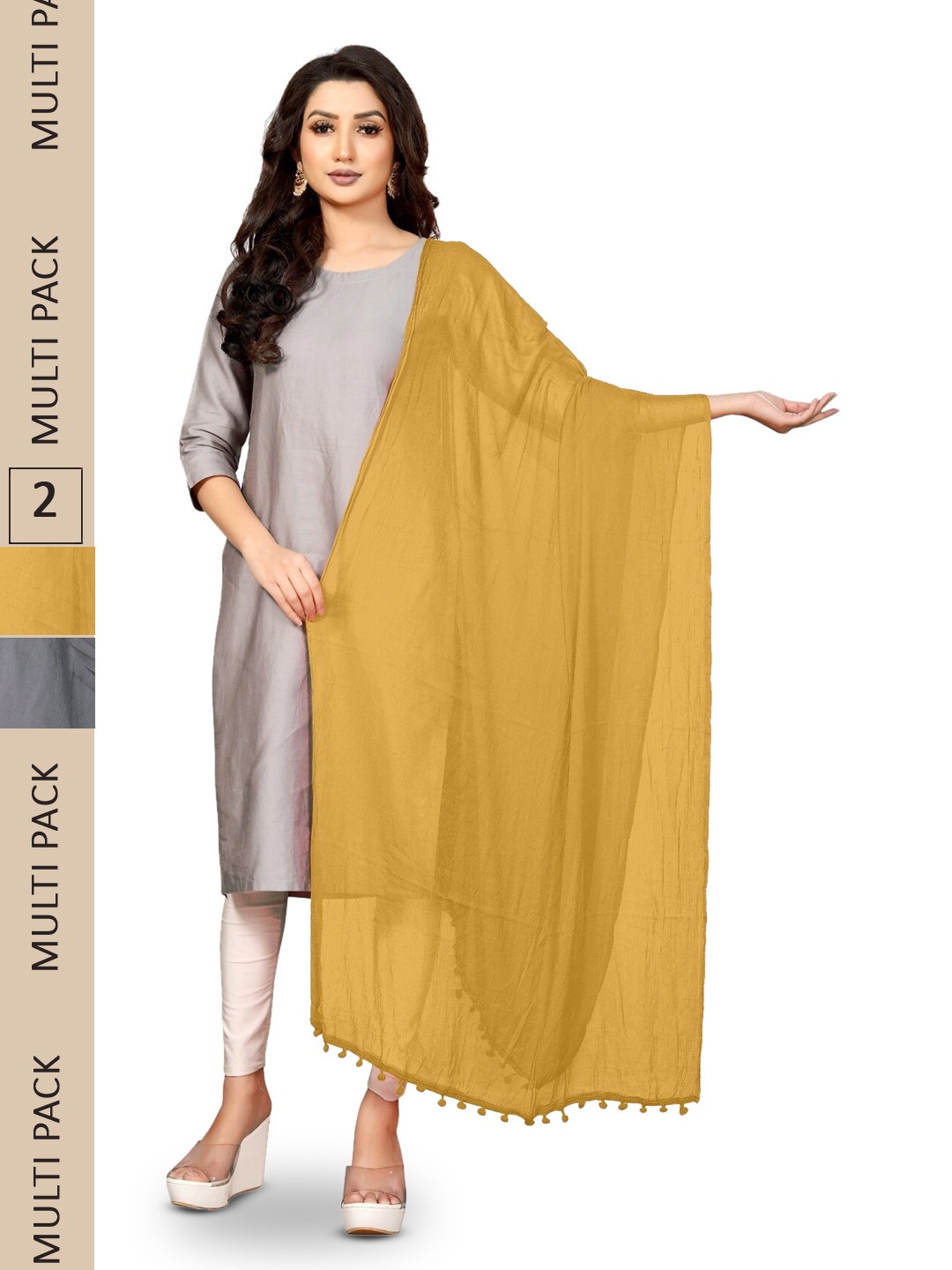 

APNISHA Pack Of 2 Tasselled Border Dupatta, Grey