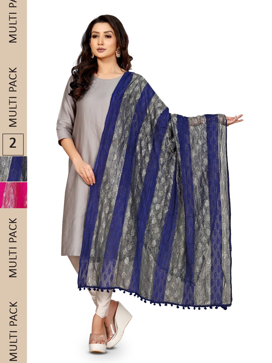 

APNISHA Pack Of 2 Striped Tasselled Boarder Dupatta, Pink