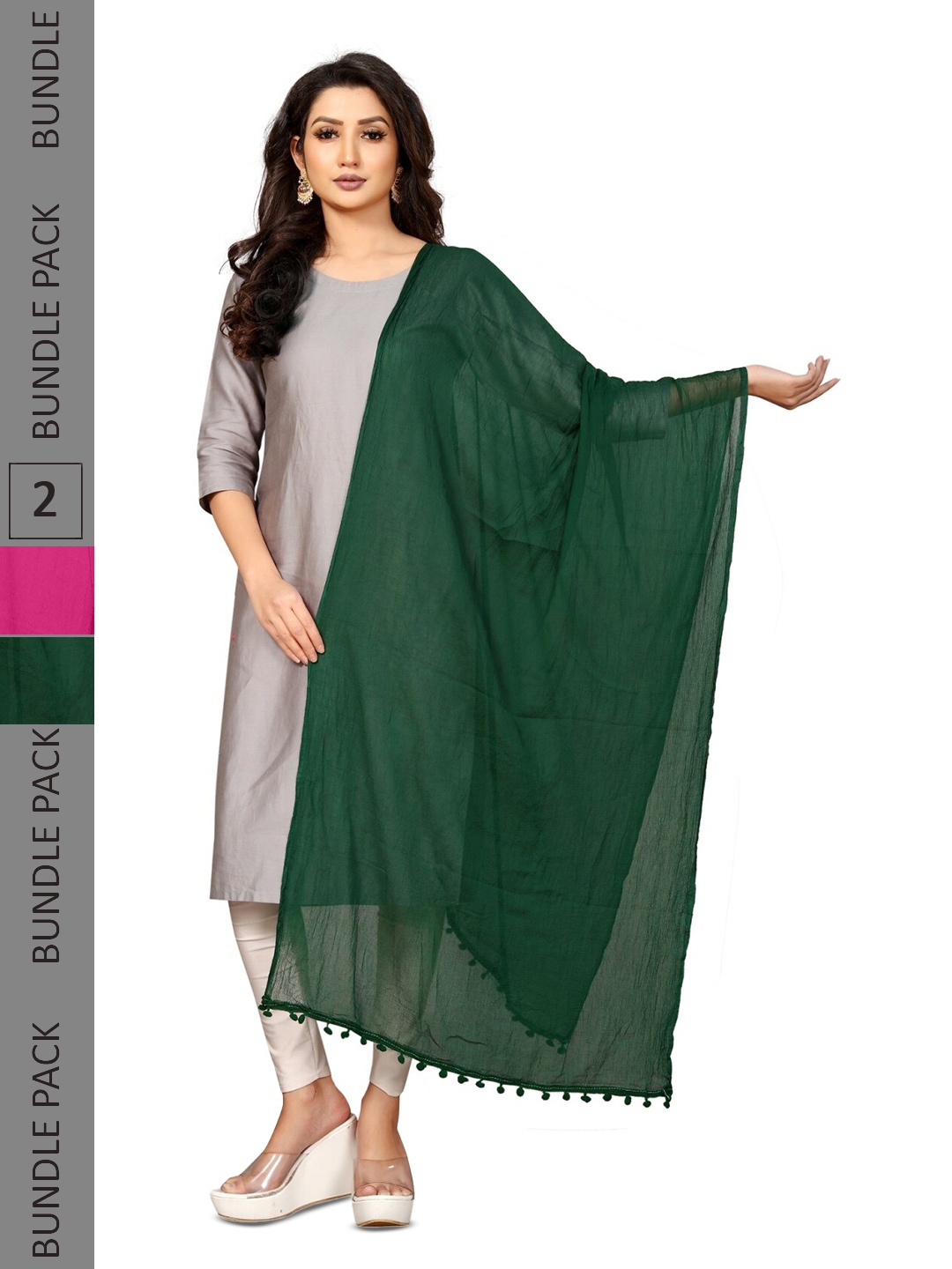 

APNISHA Pack Of 2 Tasselled Border Dupattas, Green