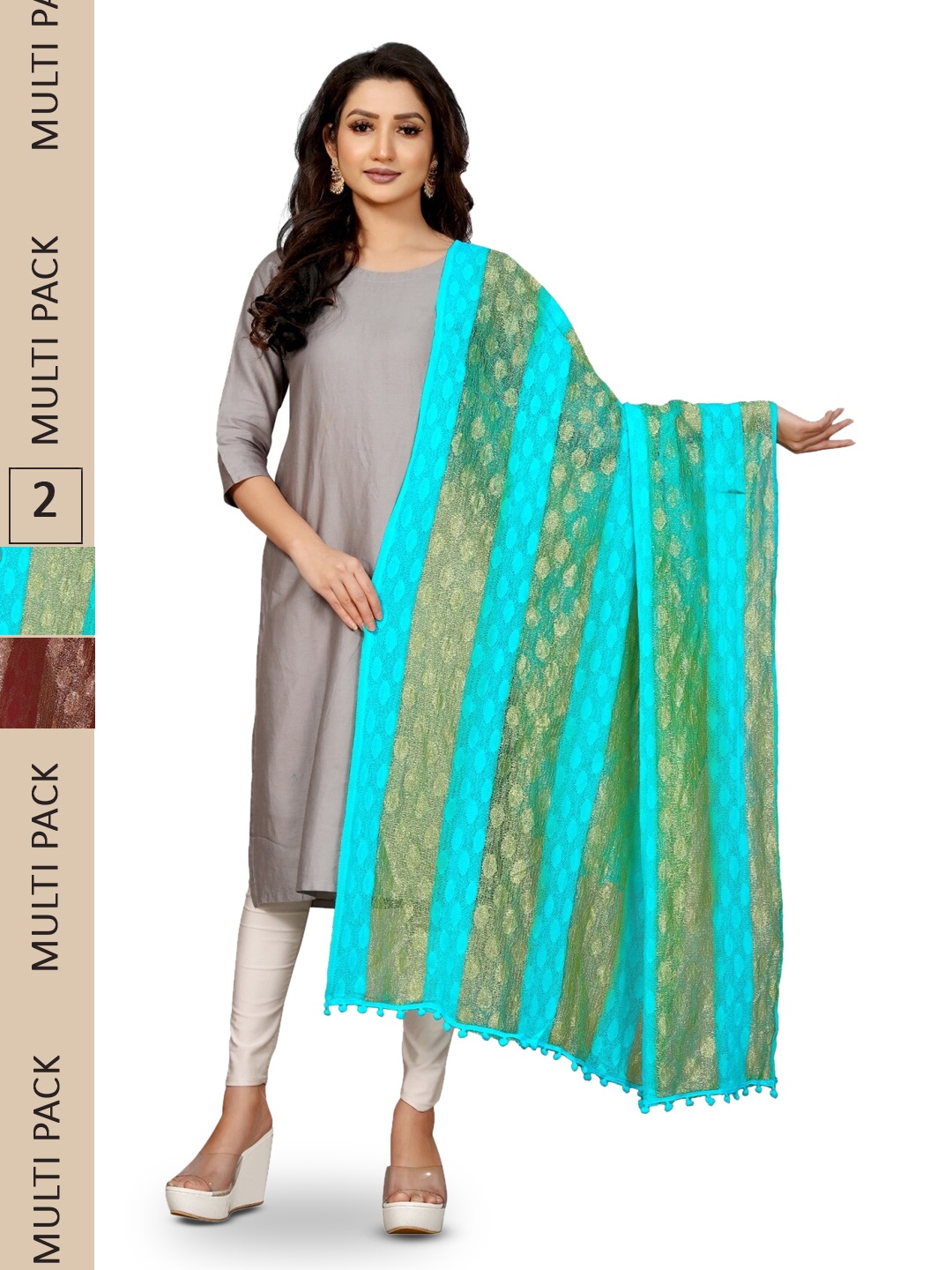 

APNISHA Pack Of 2 Zari Striped Dupatta, Maroon