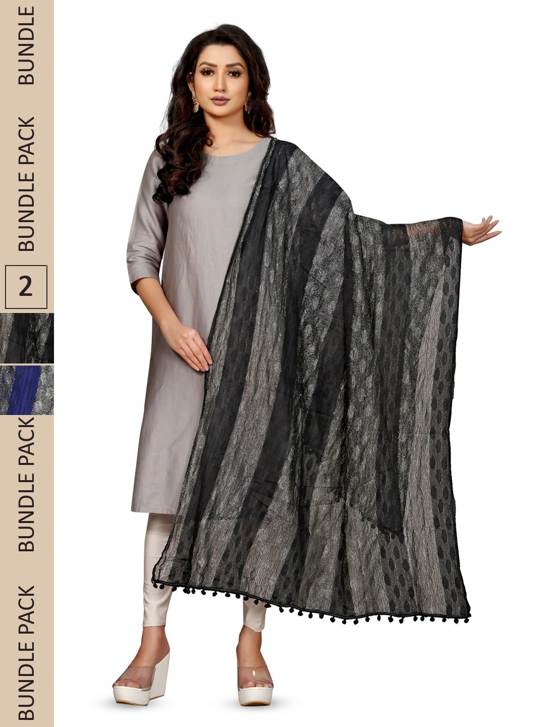 

APNISHA Pack Of 2 Woven Design Dupatta With Tasselled Border, Blue