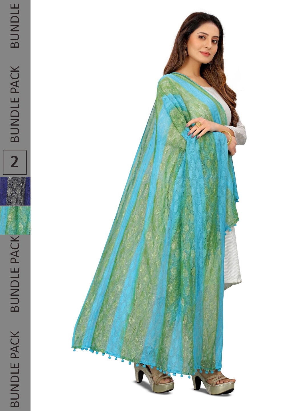 

APNISHA Pack Of 2 Striped Net Dupatta With Pom Pom, Turquoise blue