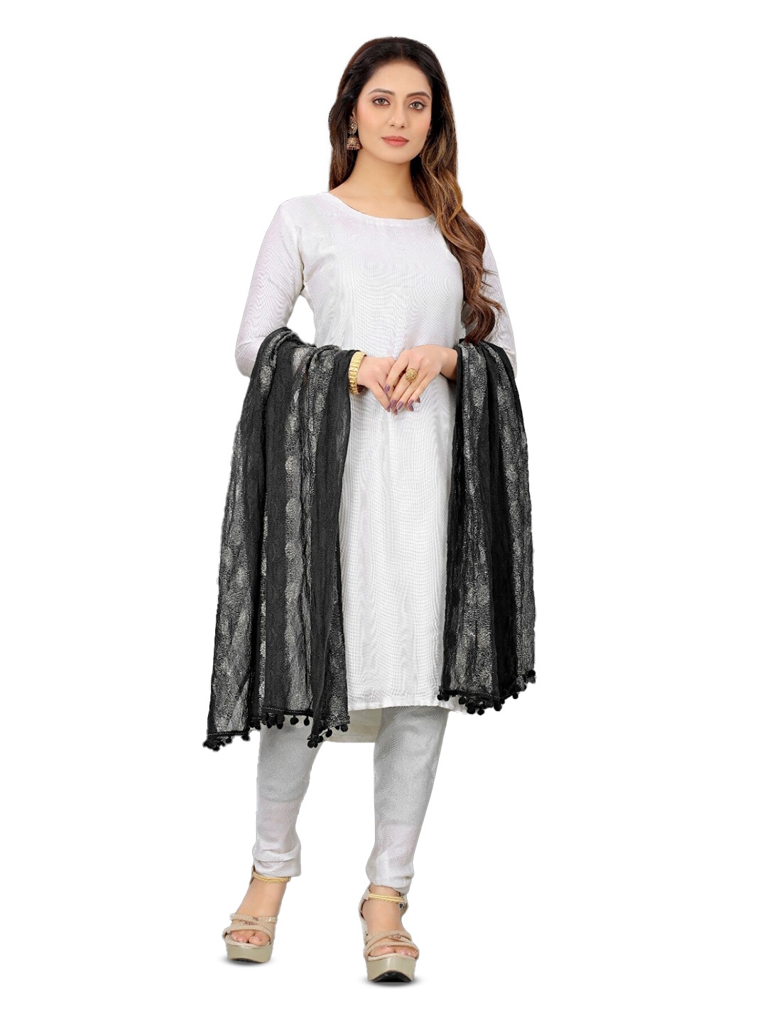 

APNISHA Striped Net Dupatta With Pom Pom, Black