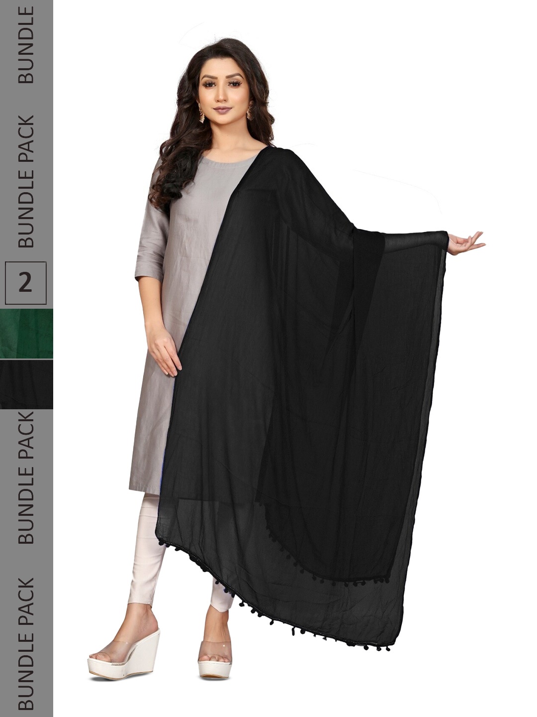 

APNISHA Pack Of 2 Chiffon Dupatta With Tasselled Border, Black