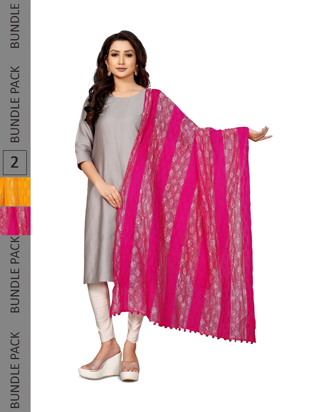 

APNISHA Pack Of 2 Woven Design Dupatta With Tasselled Border, Pink