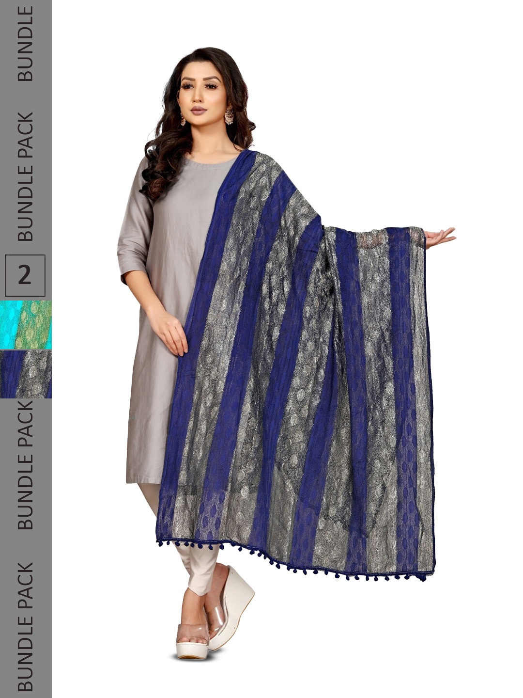 

APNISHA Pack Of 2 Striped Net Dupatta With Pom Pom, Turquoise blue