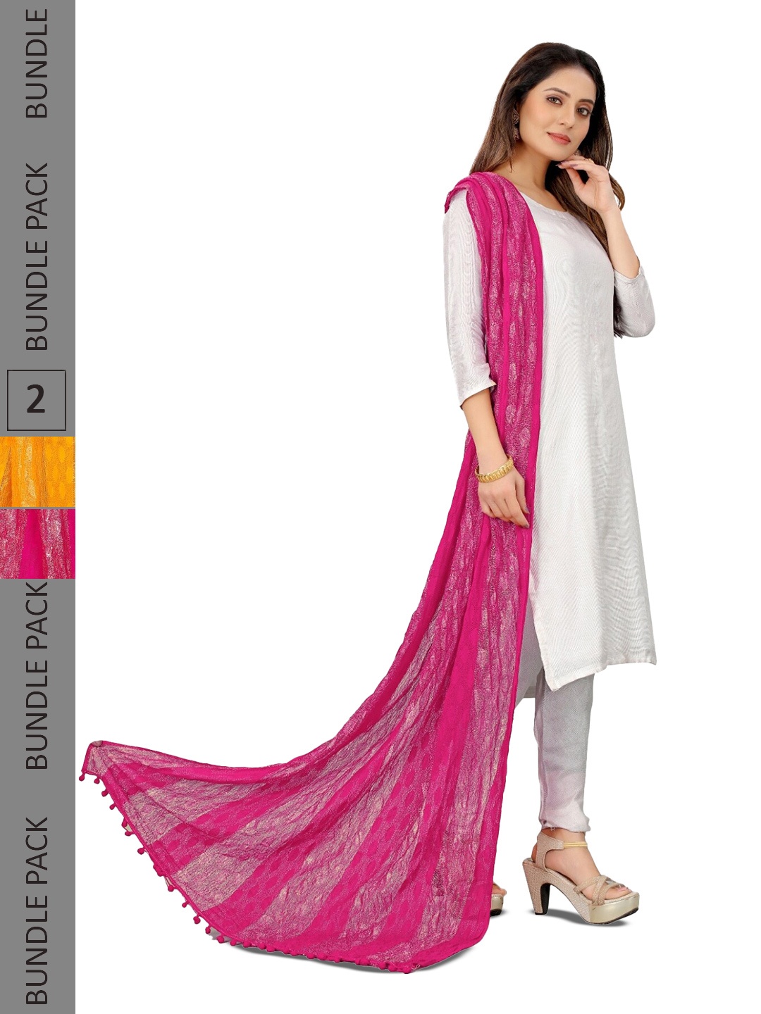 

APNISHA Pack Of 2 Striped Tasselled Boarder Dupatta, Pink