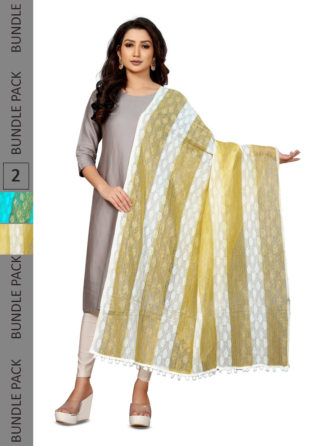 

APNISHA Pack Of 2 Striped Dupatta With Tasselled Border, Turquoise blue