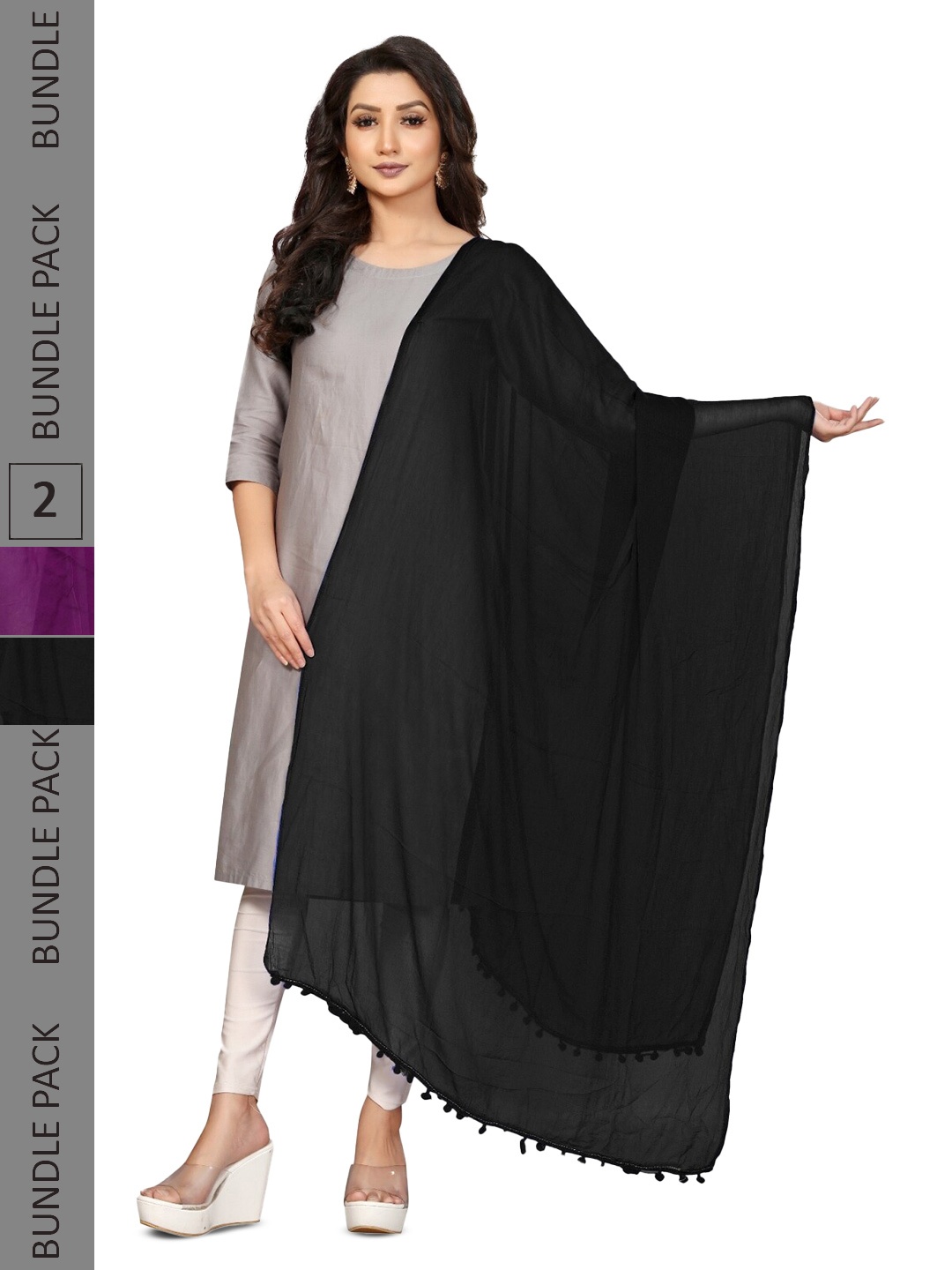 

APNISHA Pack Of 2 Solid Chiffon Dupatta With Pom Pom, Black