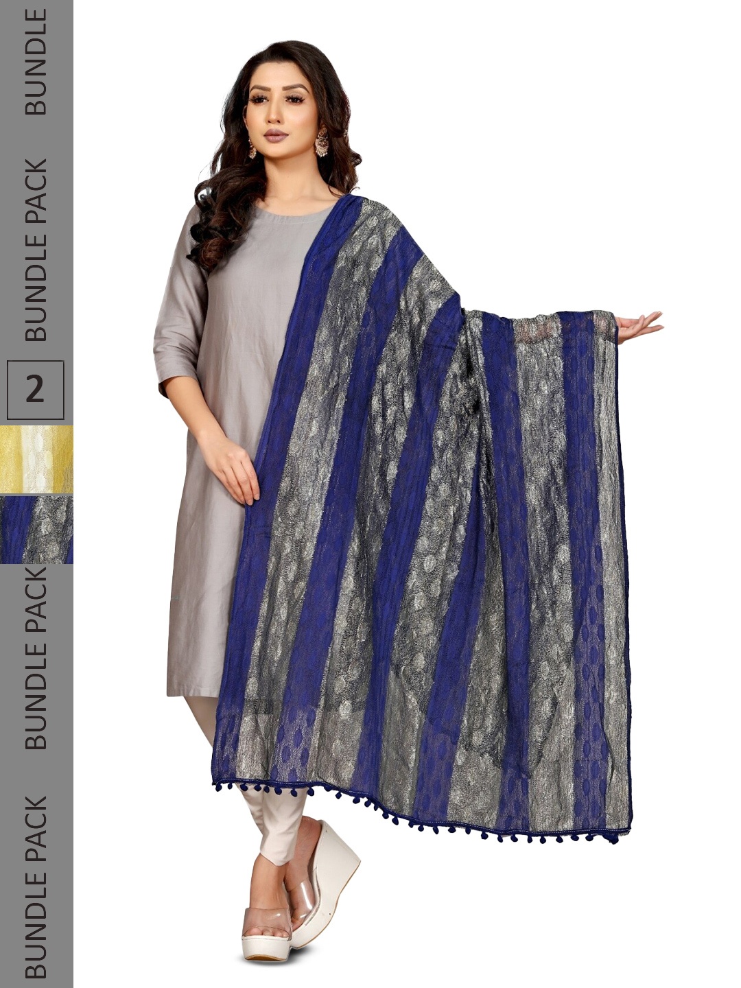

APNISHA Pack Of 2 Striped Tasselled Boarder Dupatta With Zari, White