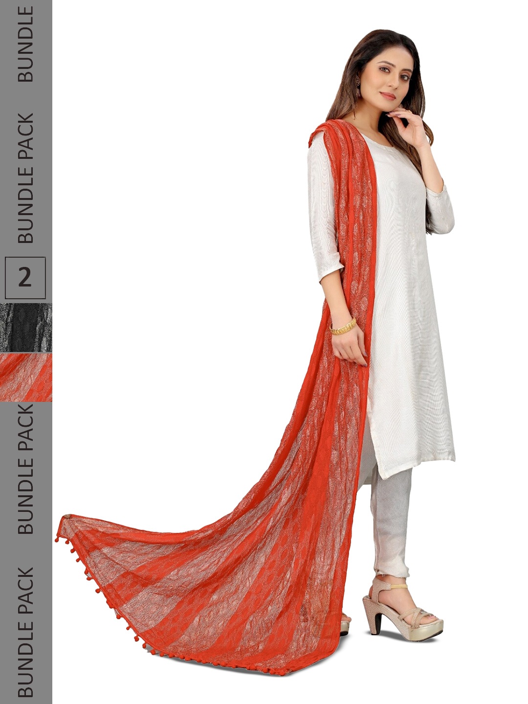 

APNISHA Pack Of 2 Striped Dupatta With Tasselled Border, Orange