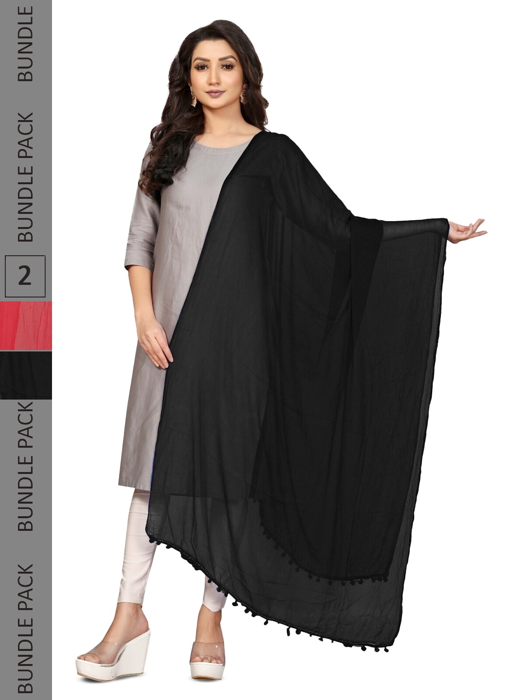 

APNISHA Pack Of 2 Solid Chiffon Dupatta, Black