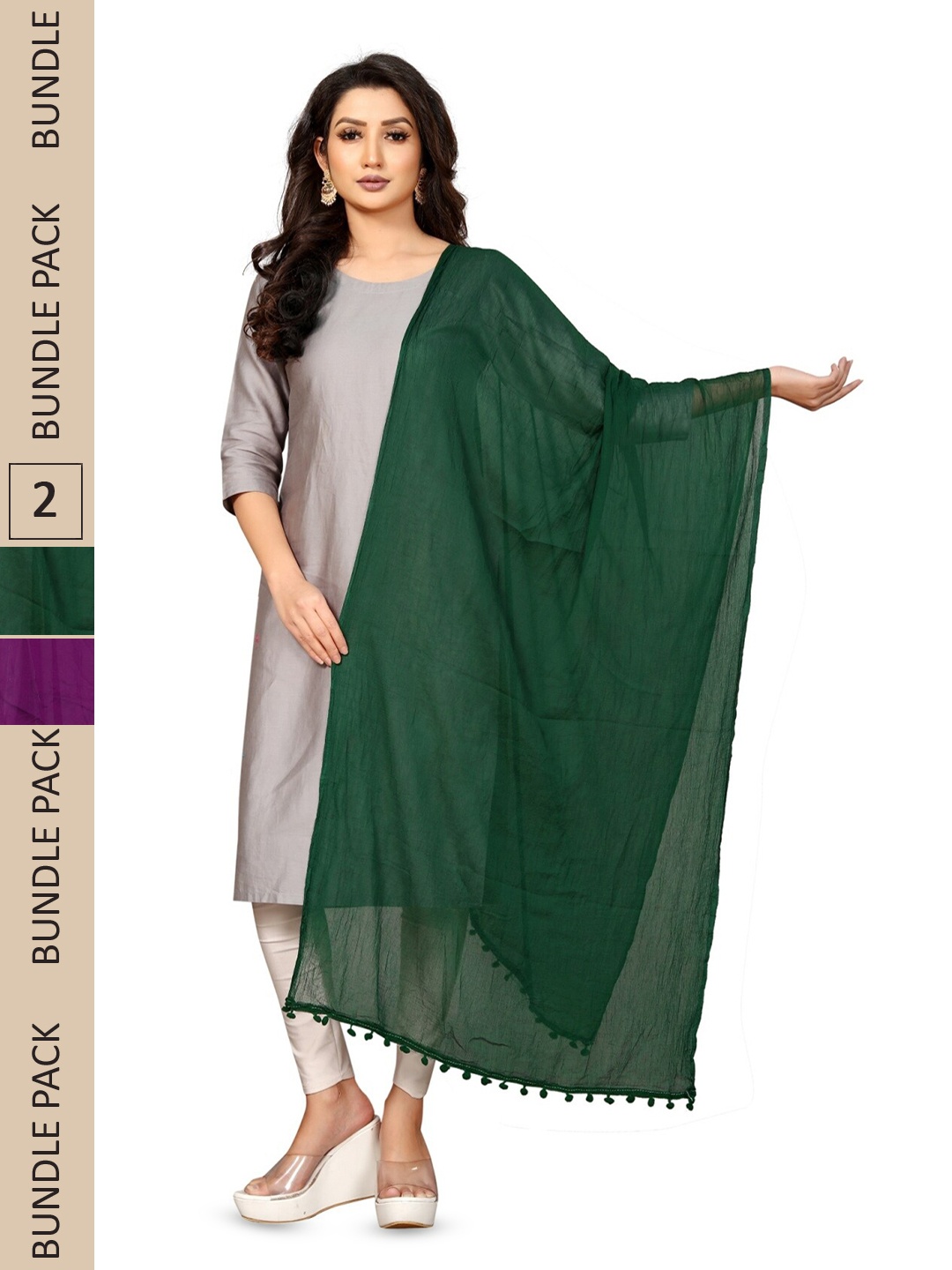 

APNISHA Pack Of 2 Tasselled Boarder Dupatta, Purple