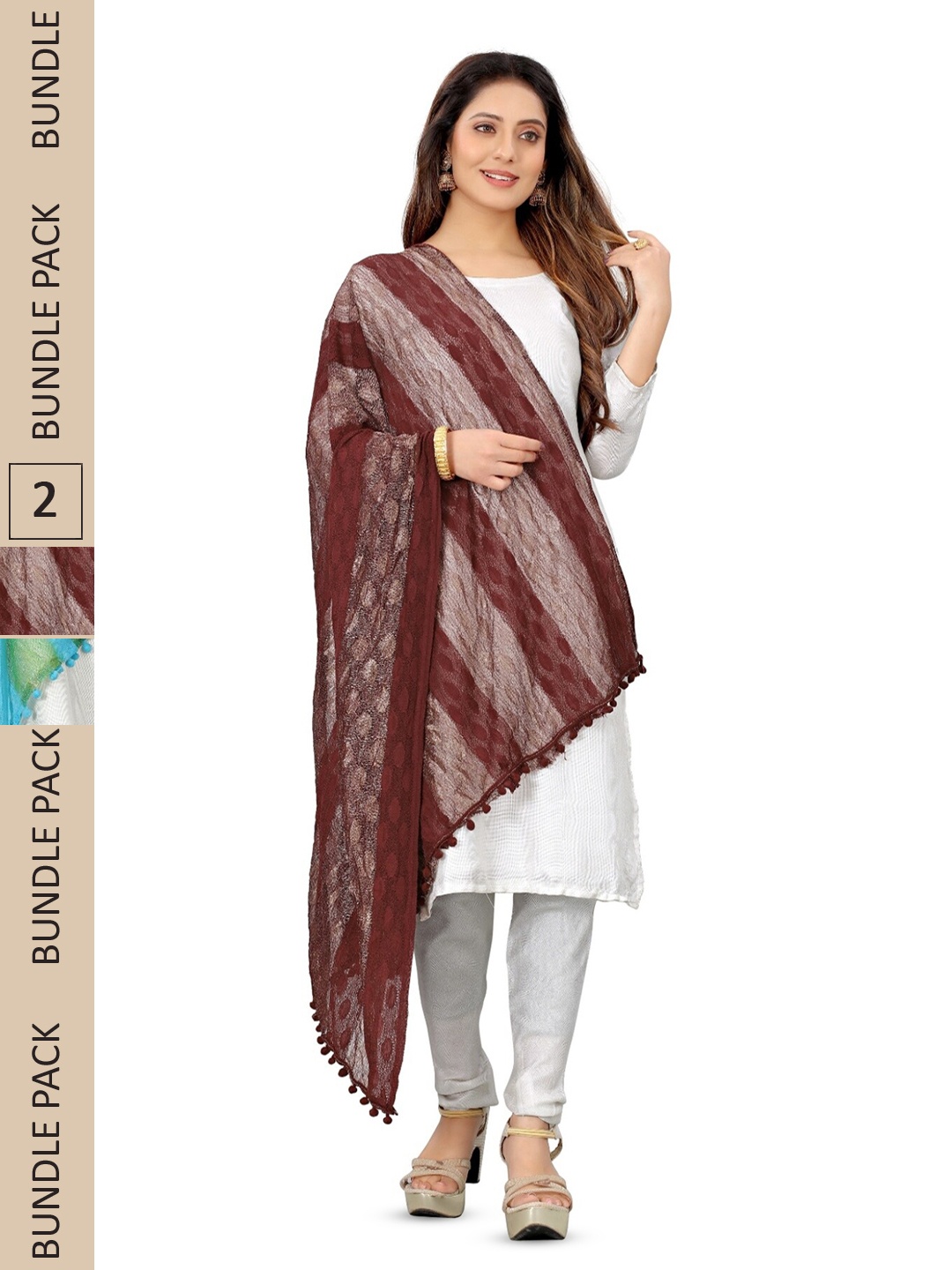 

APNISHA Pack of 2 Striped Woven Design Tasselled Border Dupatta, Turquoise blue