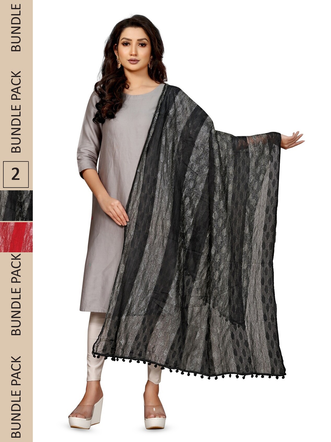 

APNISHA Pack Of 2 Zari Striped Dupatta, Red