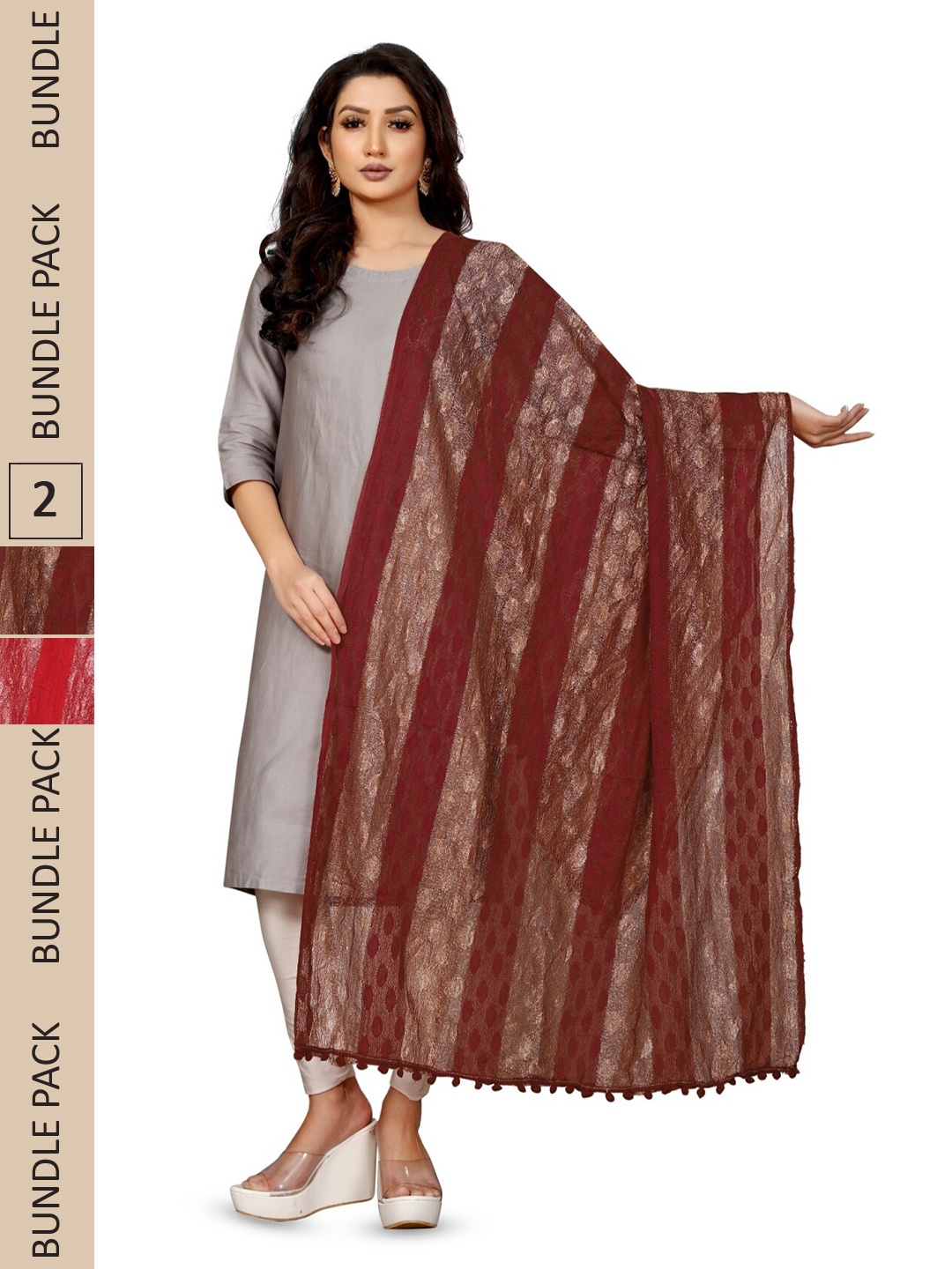 

APNISHA Pack Of 2 Striped Tasselled Boarder Dupatta, Brown